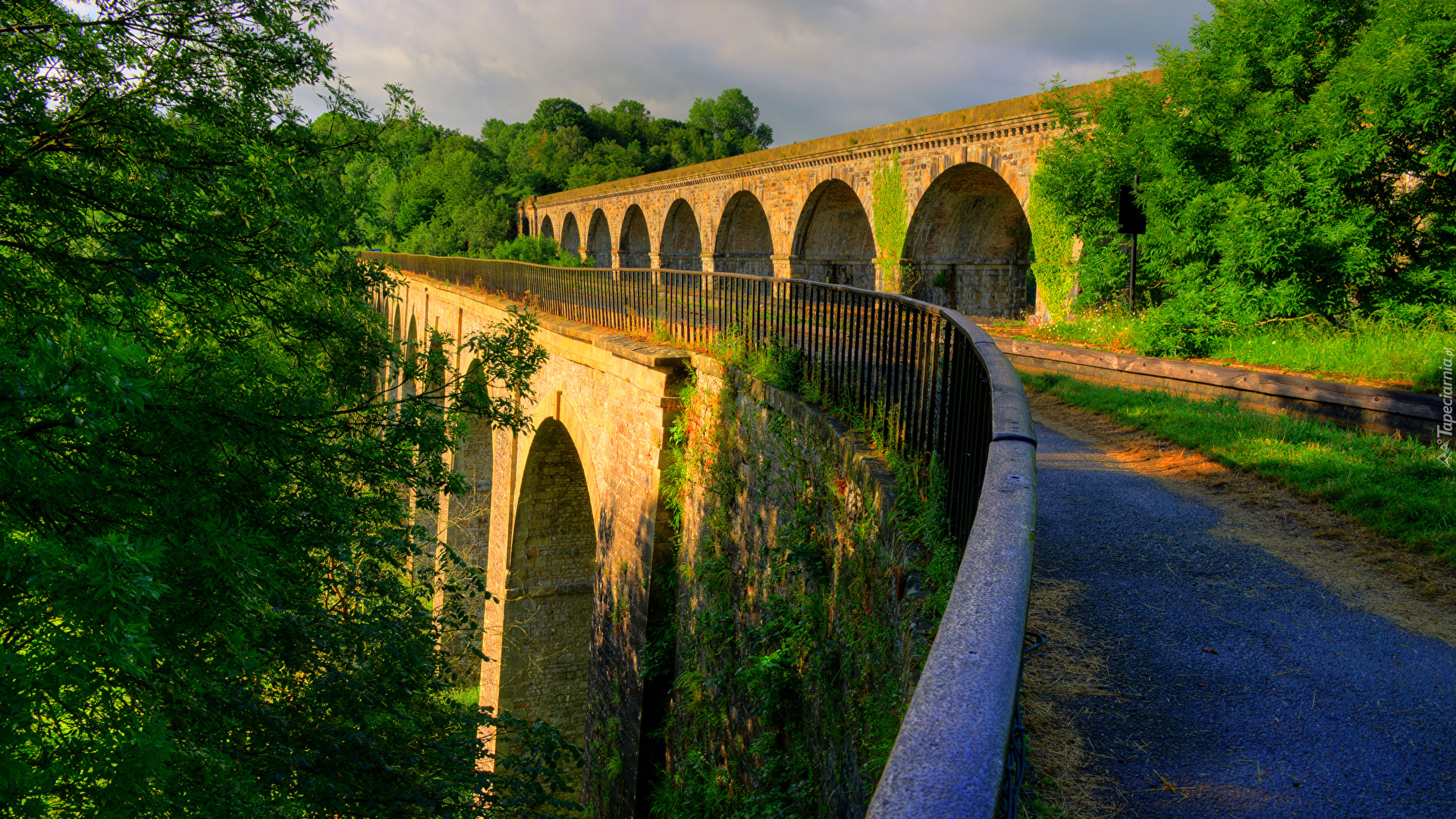 Most, Wiadukt, Atrakcja Chirk Aqueduct, Miejscowość Chirk, Hrabstwo Shropshire, Walia, Ogrodzenie, Droga, Drzewa, Roślinność