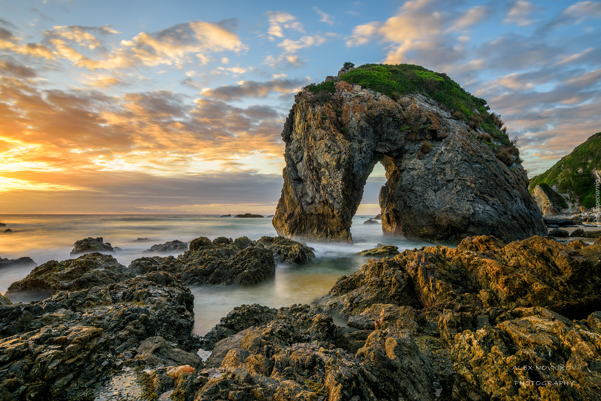 Skały, Atrakcja turystyczna, Horse Head Rock, Morze, Zachód słońca, Nowa Południowa Walia, Australia