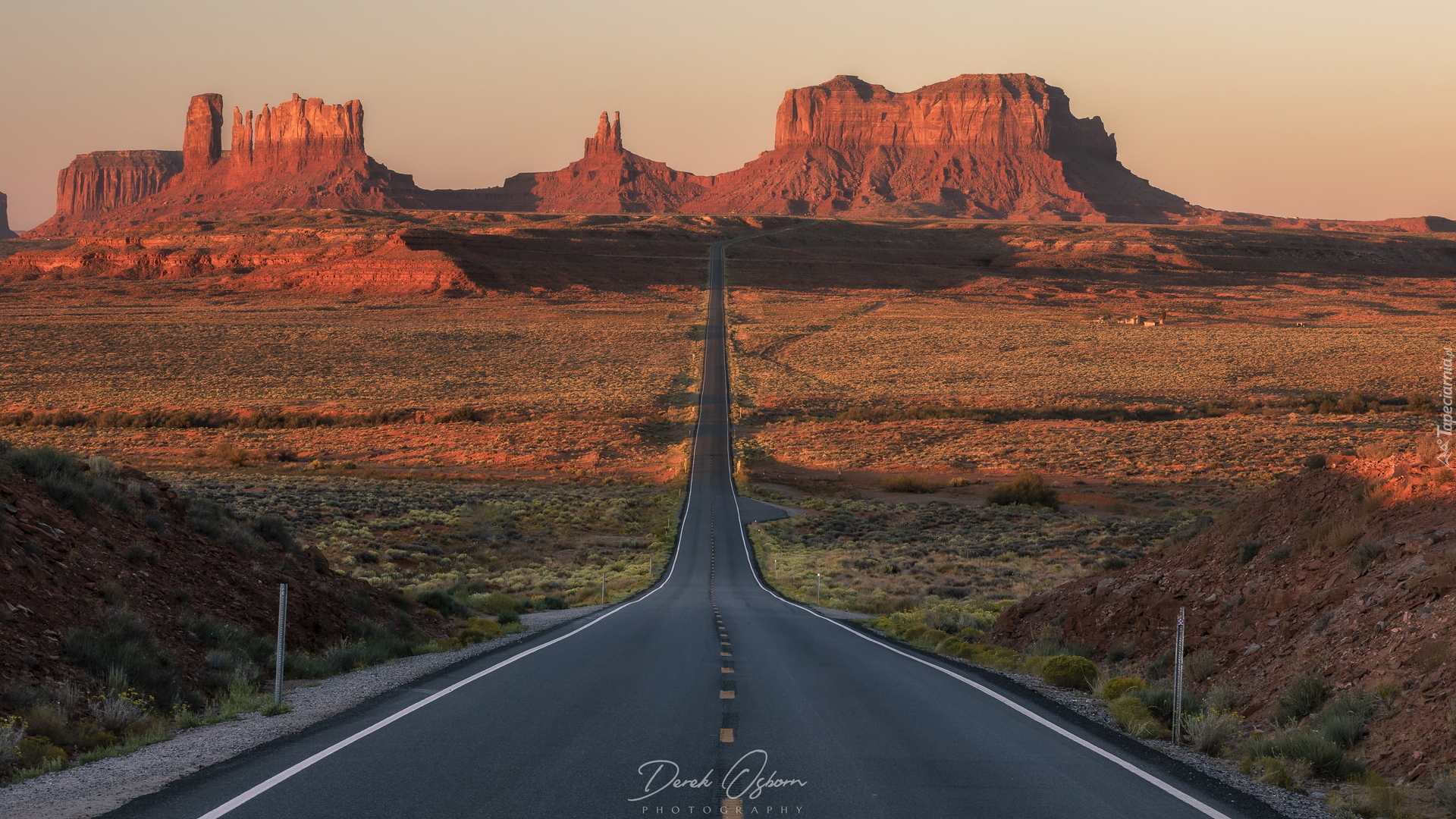 Zachód słońca, Droga, Jesień, Skały, Dolina Pomników, Wyżyna Colorado, Monument Valley, Stan Utah, Stany Zjednoczone