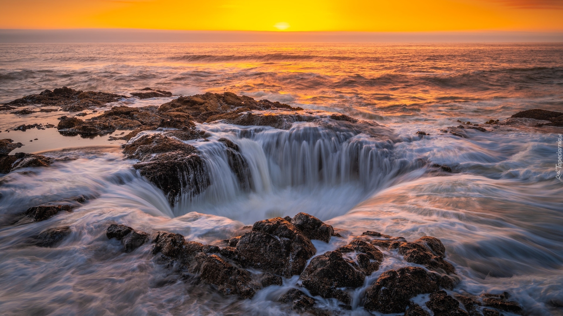 Zachód słońca, Morze, Skały, Thors Well, Wybrzeże, Cape Perpetua, Stan Oregon, Stany Zjednoczone