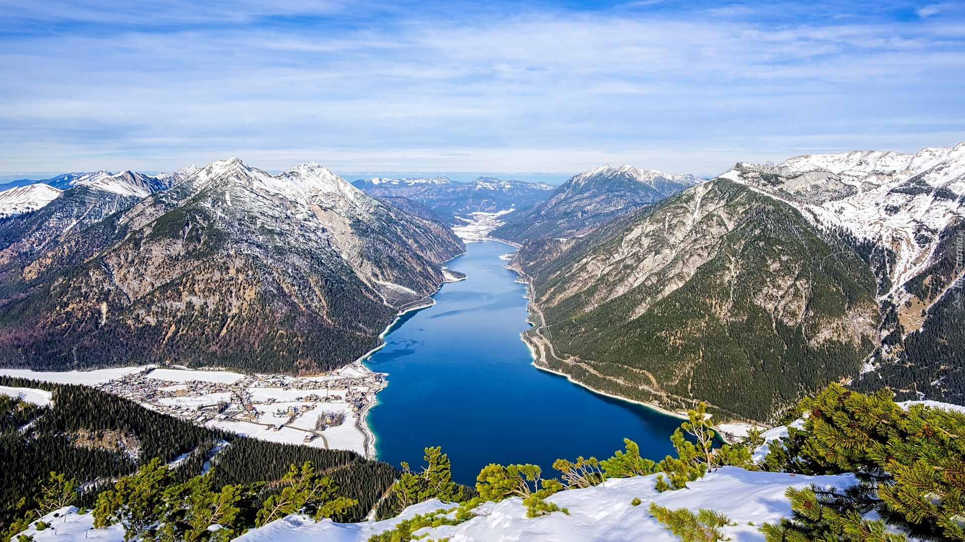 Zima, Góry, Jezioro, Achensee, Krzewy, Drzewa, Dolina, Achental, Tyrol, Austria