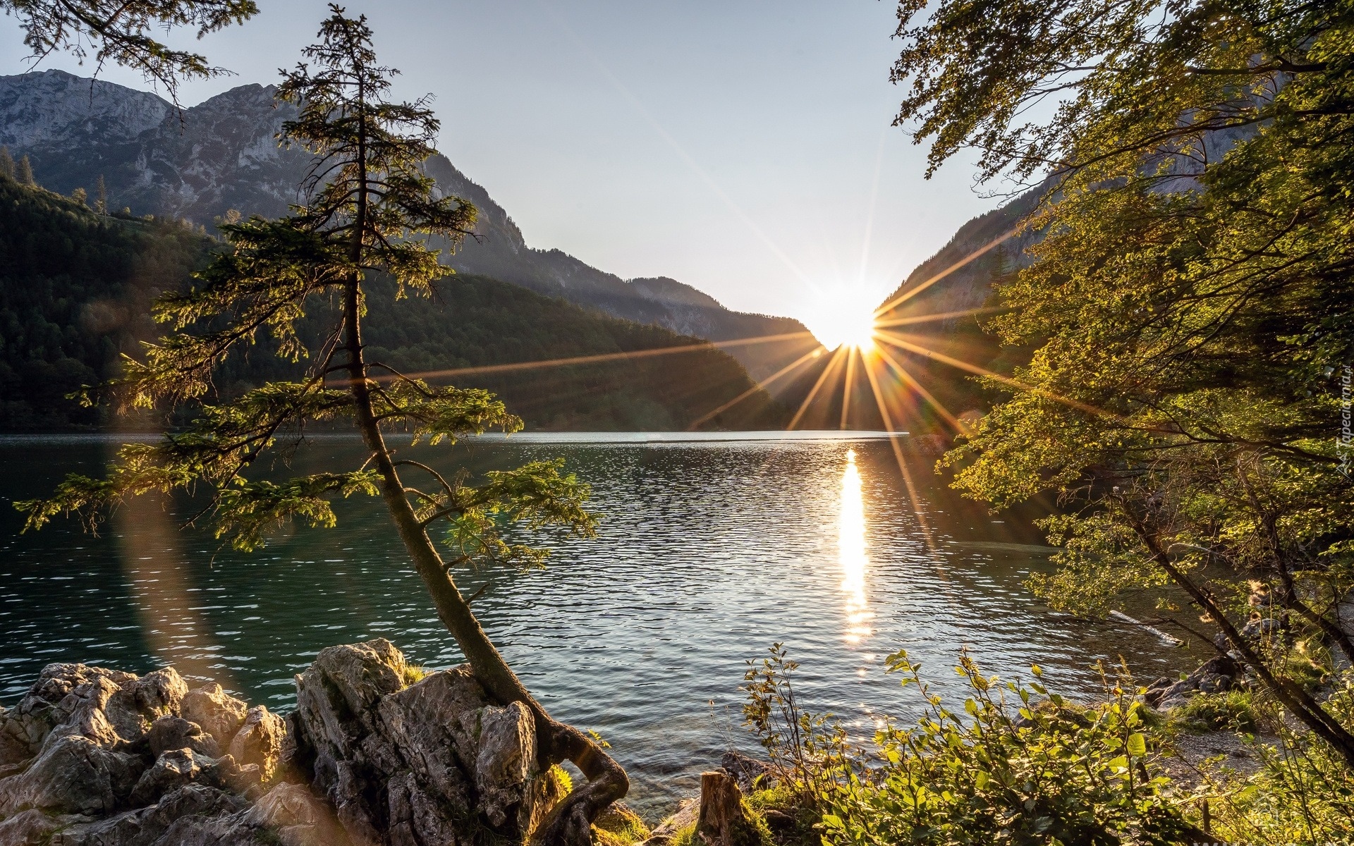 Drzewa, Promienie słońca, Góry Hochschwabgruppe, Jezioro Leopoldsteinersee, Styria, Austria