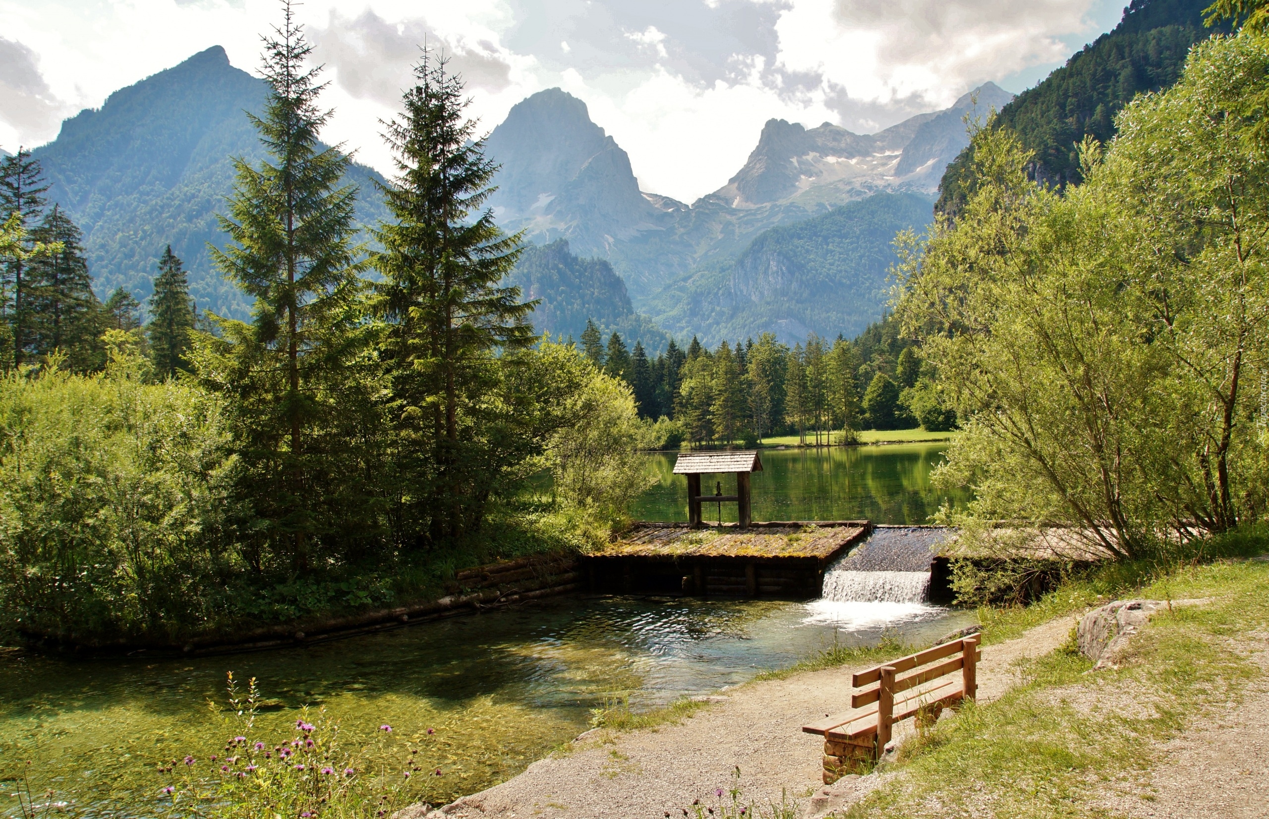 Góry Totes Gebirge, Północne Alpy Wapienne, Drzewa, Ławka, Ścieżka, Jezioro Schiederweiher, Hinterstoder, Austria