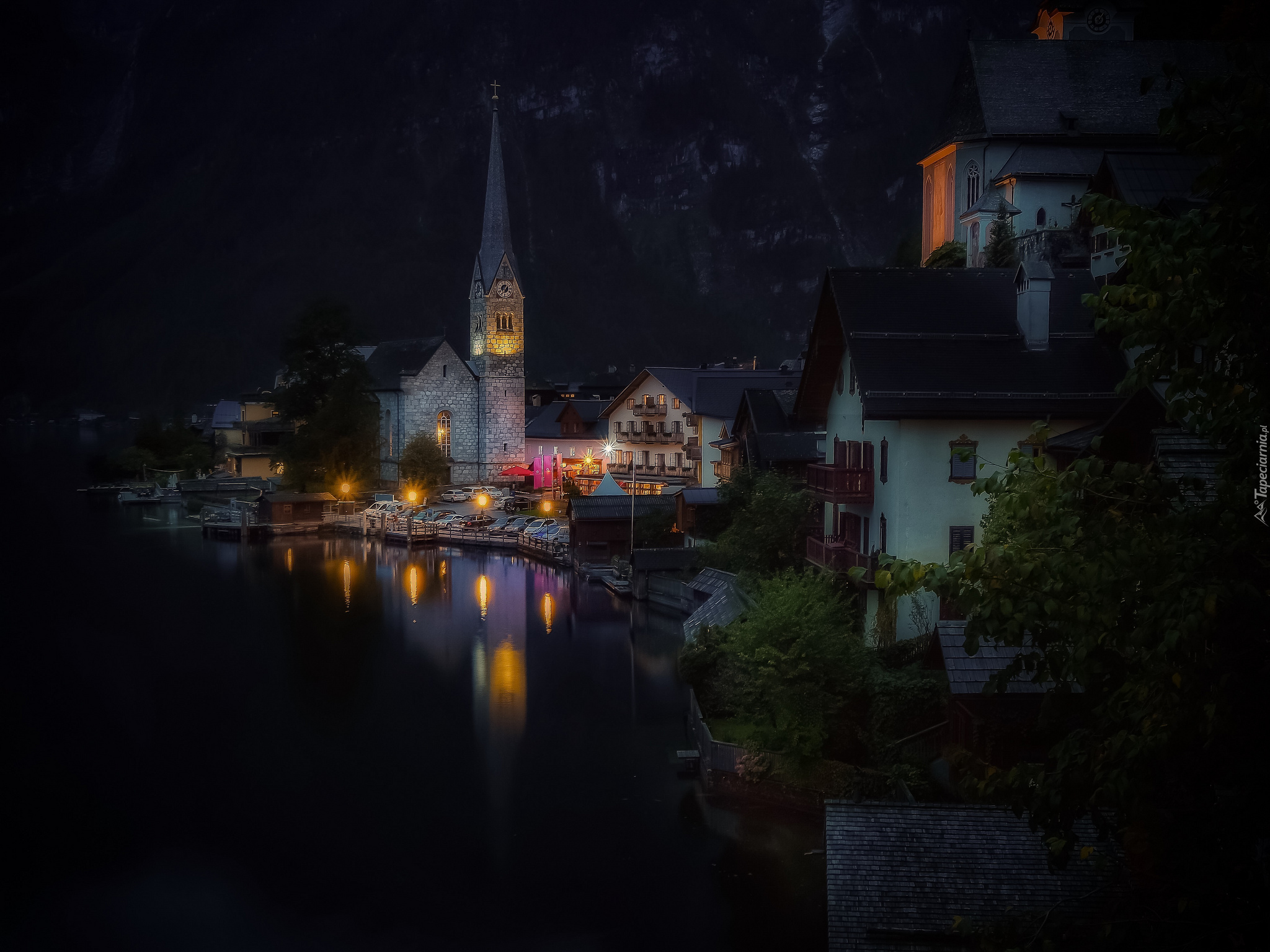 Austria, Hallstatt, Miasto, Noc