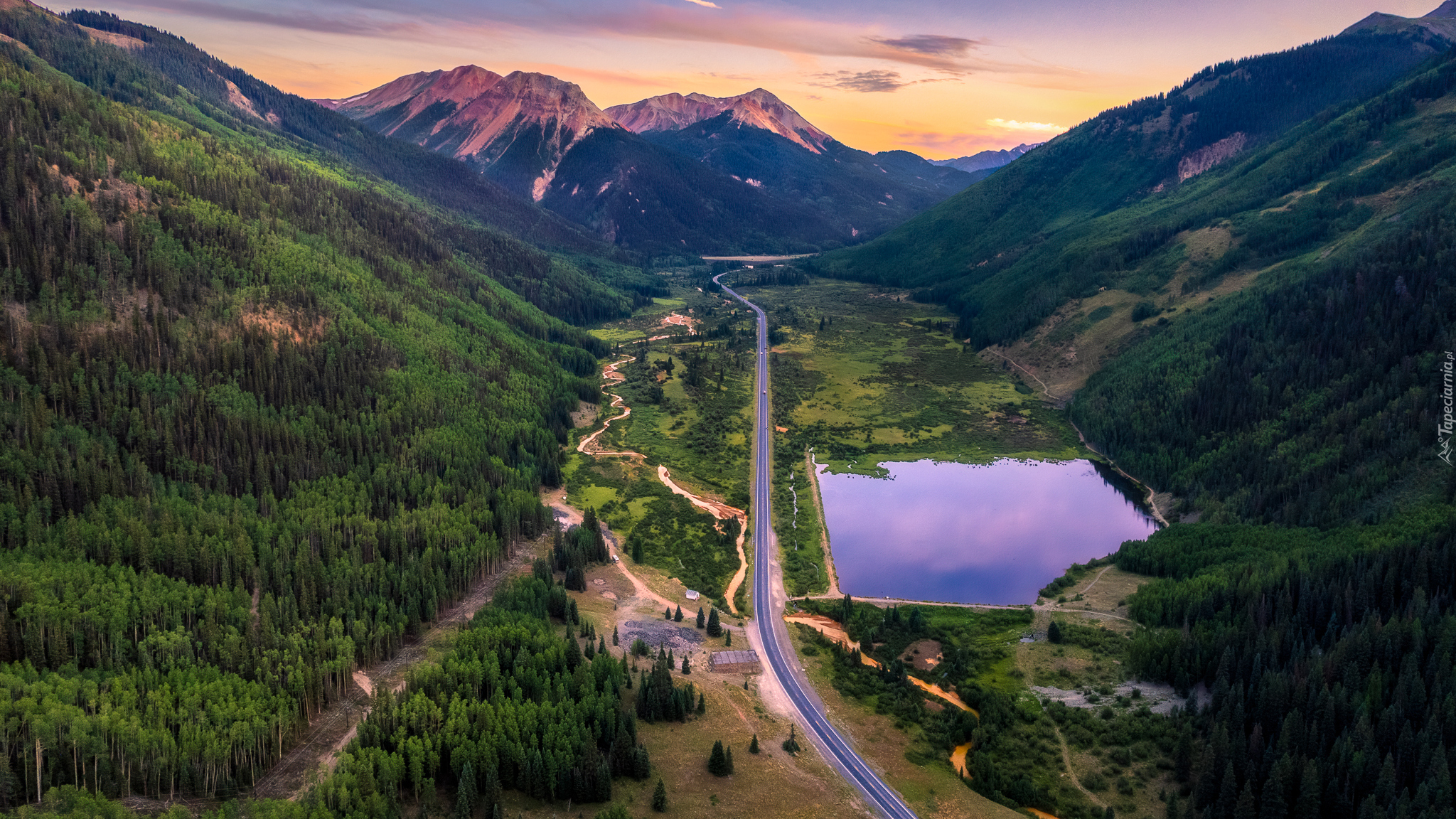 Stany Zjednoczone, Kolorado, Góry, San Juan Mountains, Jezioro, Lato, Drzewa, Lasy, Droga, Autostrada Million Dollar