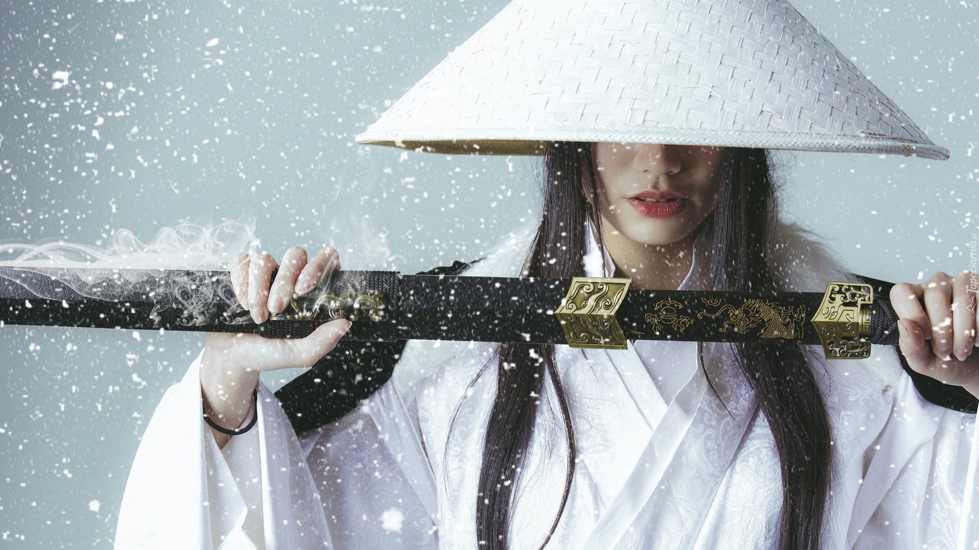 Azjatka, Białe, Kimono, Miecz, Śnieg