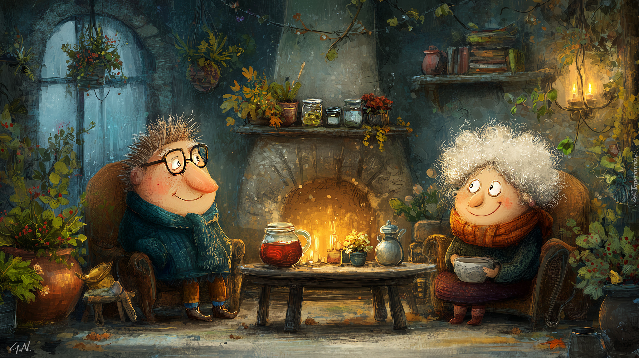 Babcia, Dziadek, Ciepłe, Ubranie, Stół, Kominek, Grafika AI