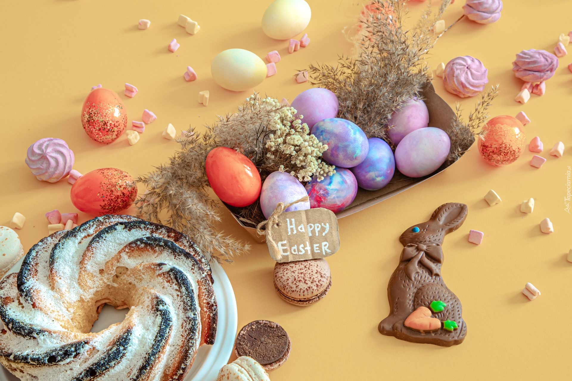 Wielkanoc, Napis, Happy Ester, Kolorowe, Pisanki, Babka, Ciasteczka, Zajączek, Kompozycja