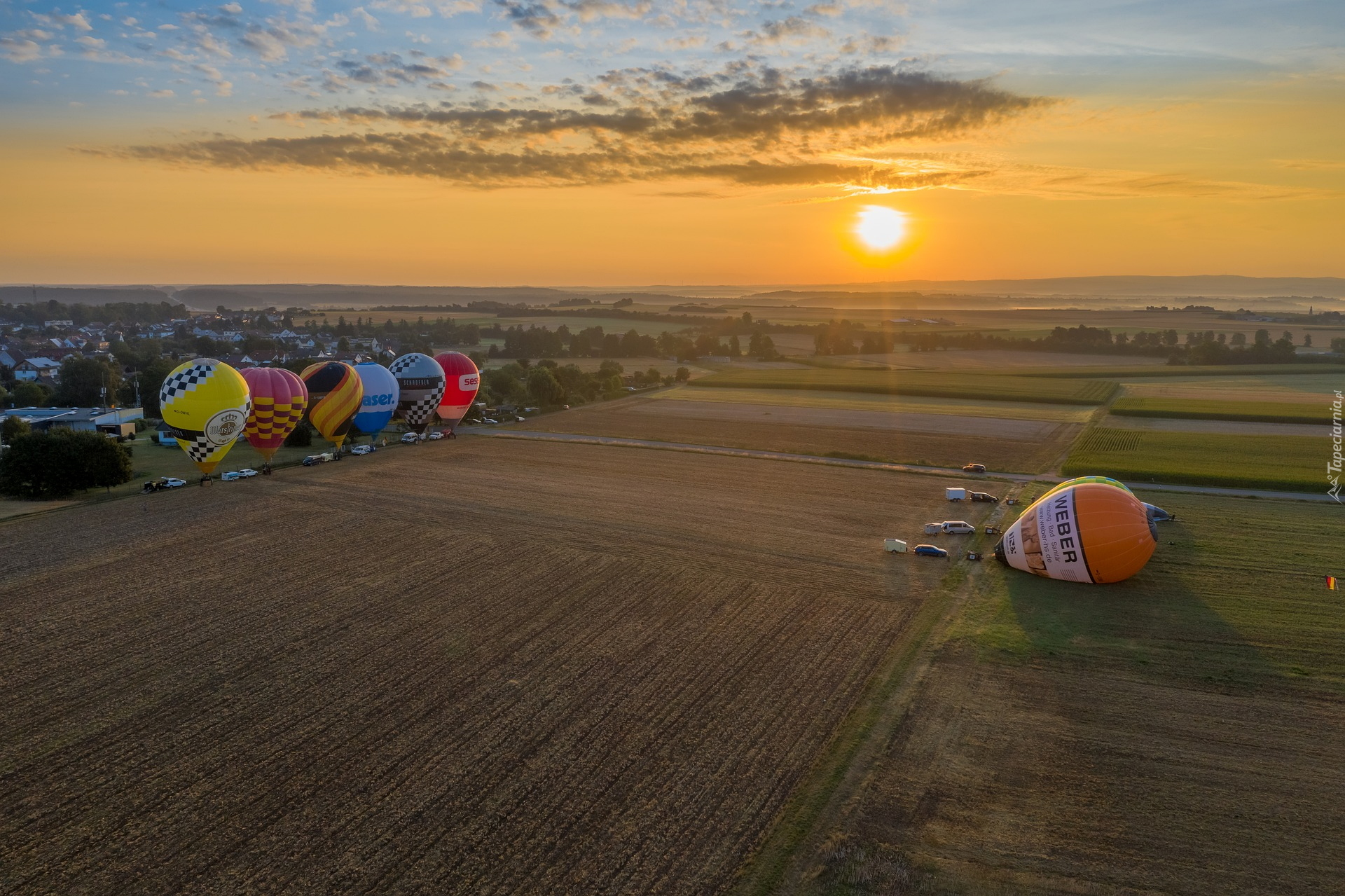 Balony, Pole, Drzewa, Wschód słońca