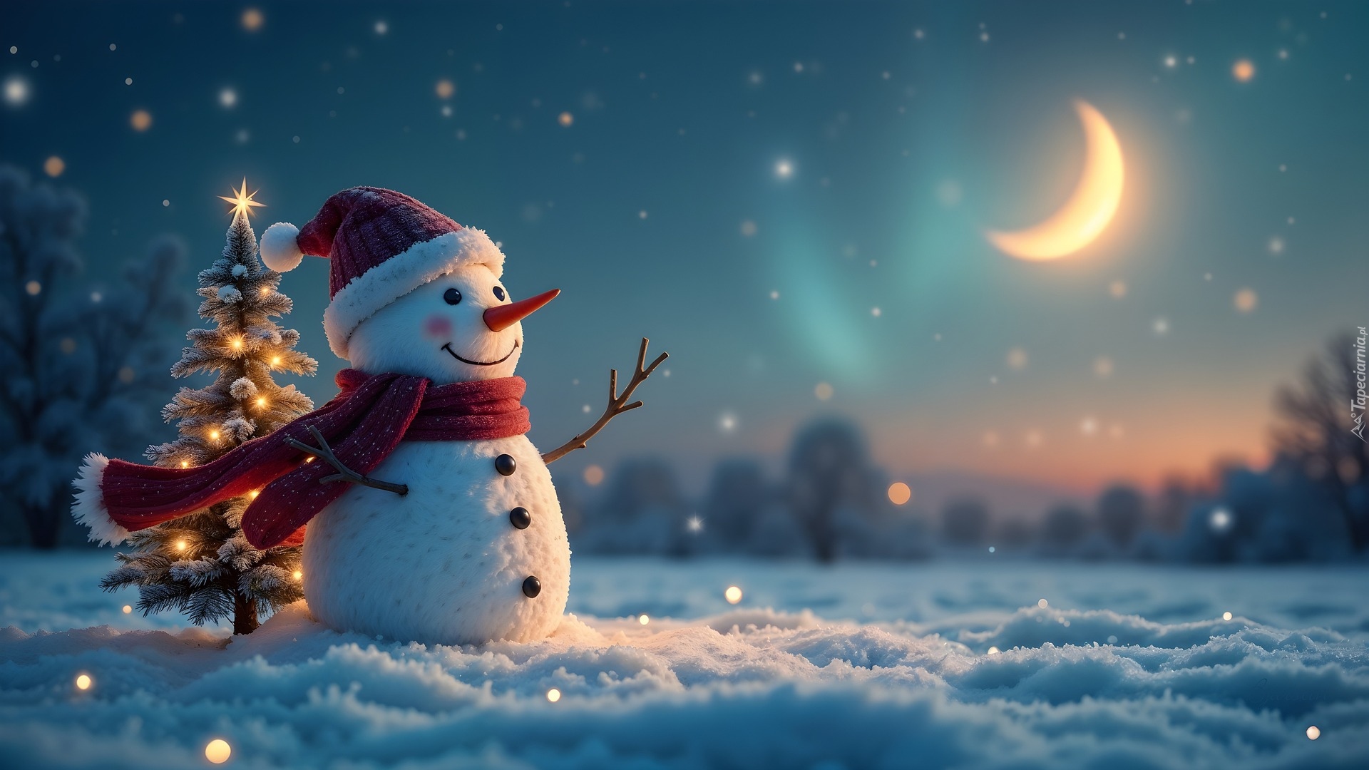 Bałwan, Czerwona, Czapka, Szalik, Księżyc