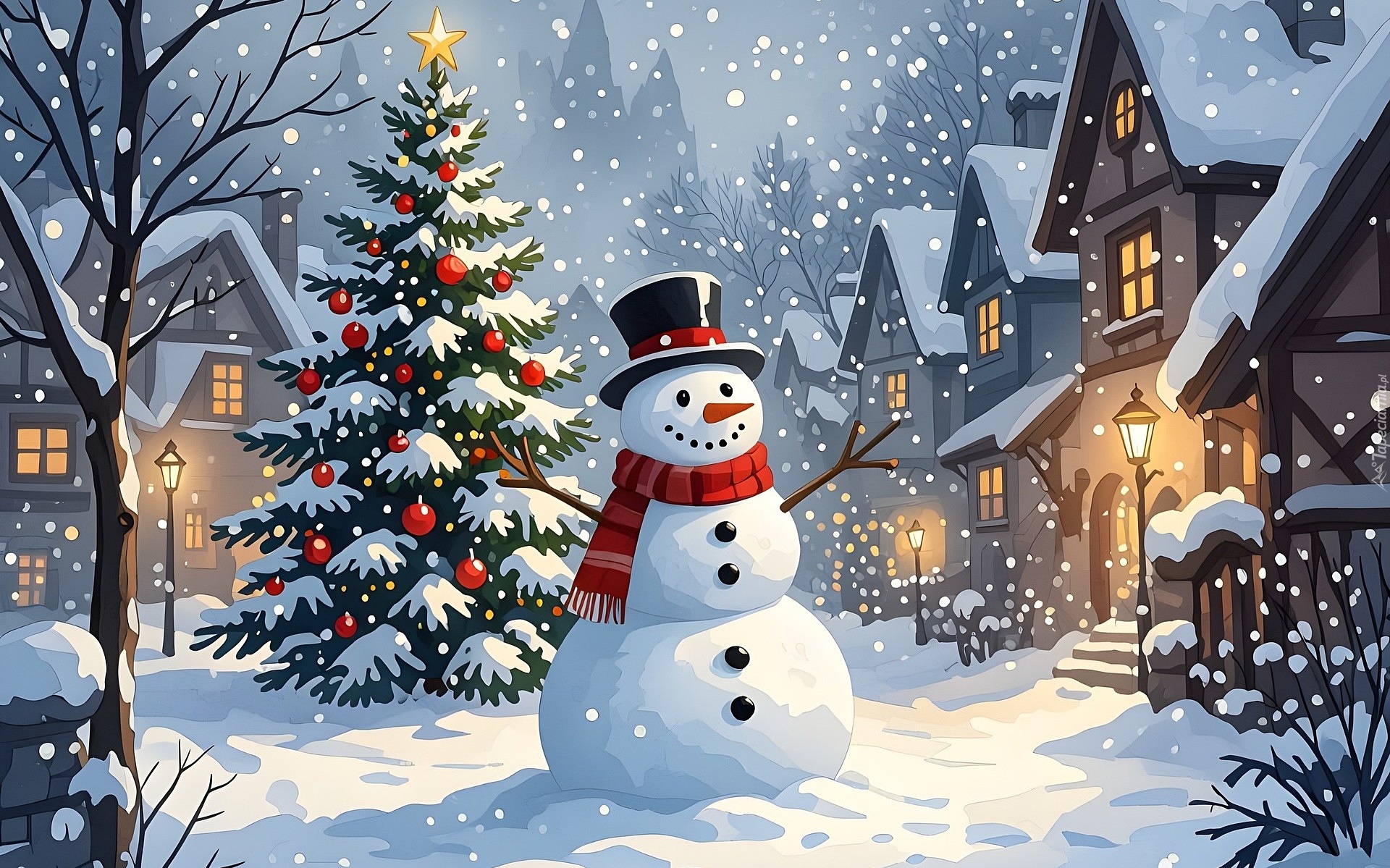 Boże Narodzenie, Zima, Padający, Śnieg, Domy, Ośnieżona, Choinka, Bombki, Bałwan, Szal, Kapelusz, Drzewo, Grafika