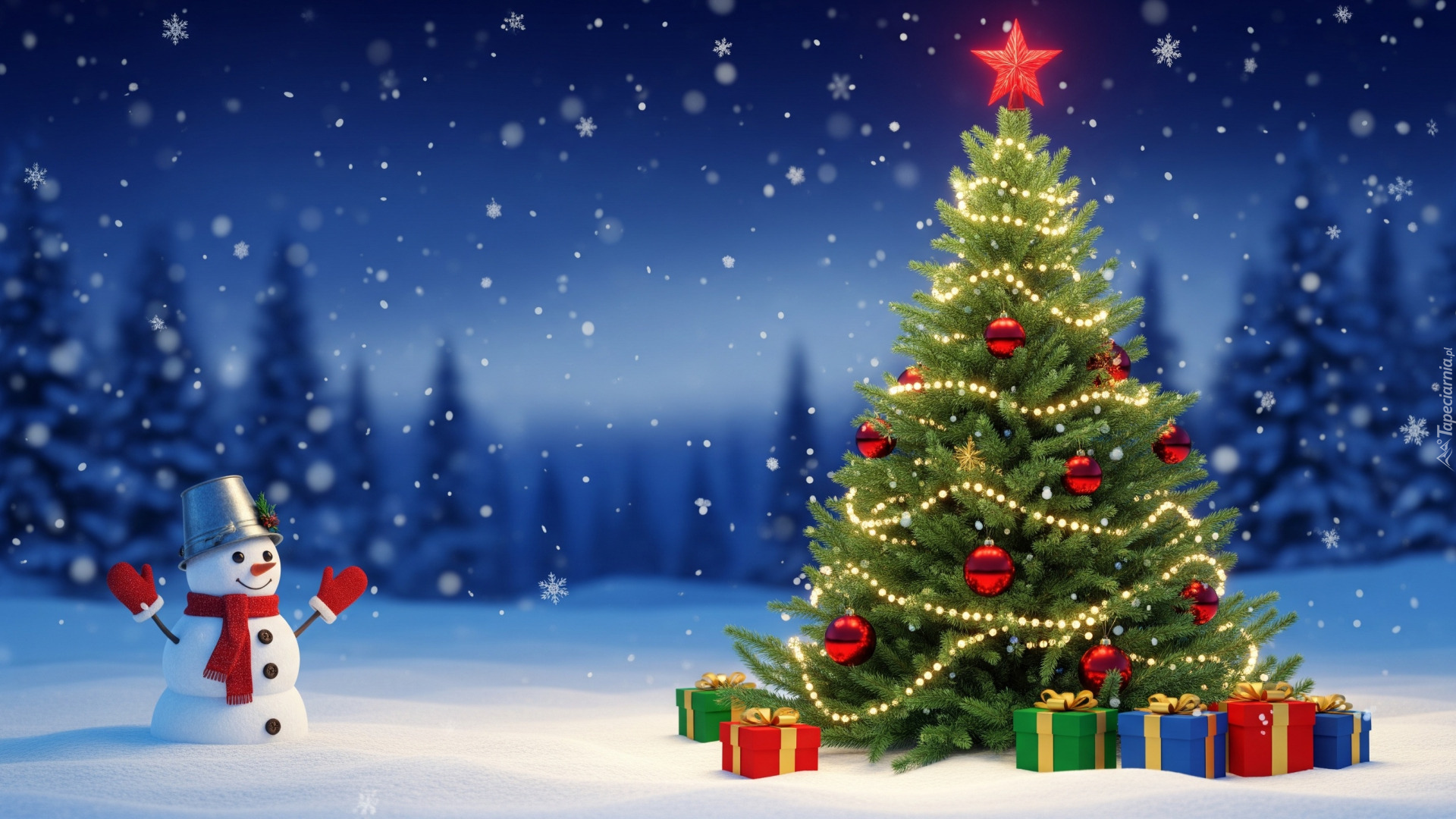 Boże Narodzenie, Udekorowana, Choinka, Prezenty, Bałwanek, Las, Noc, Śnieg, Zima