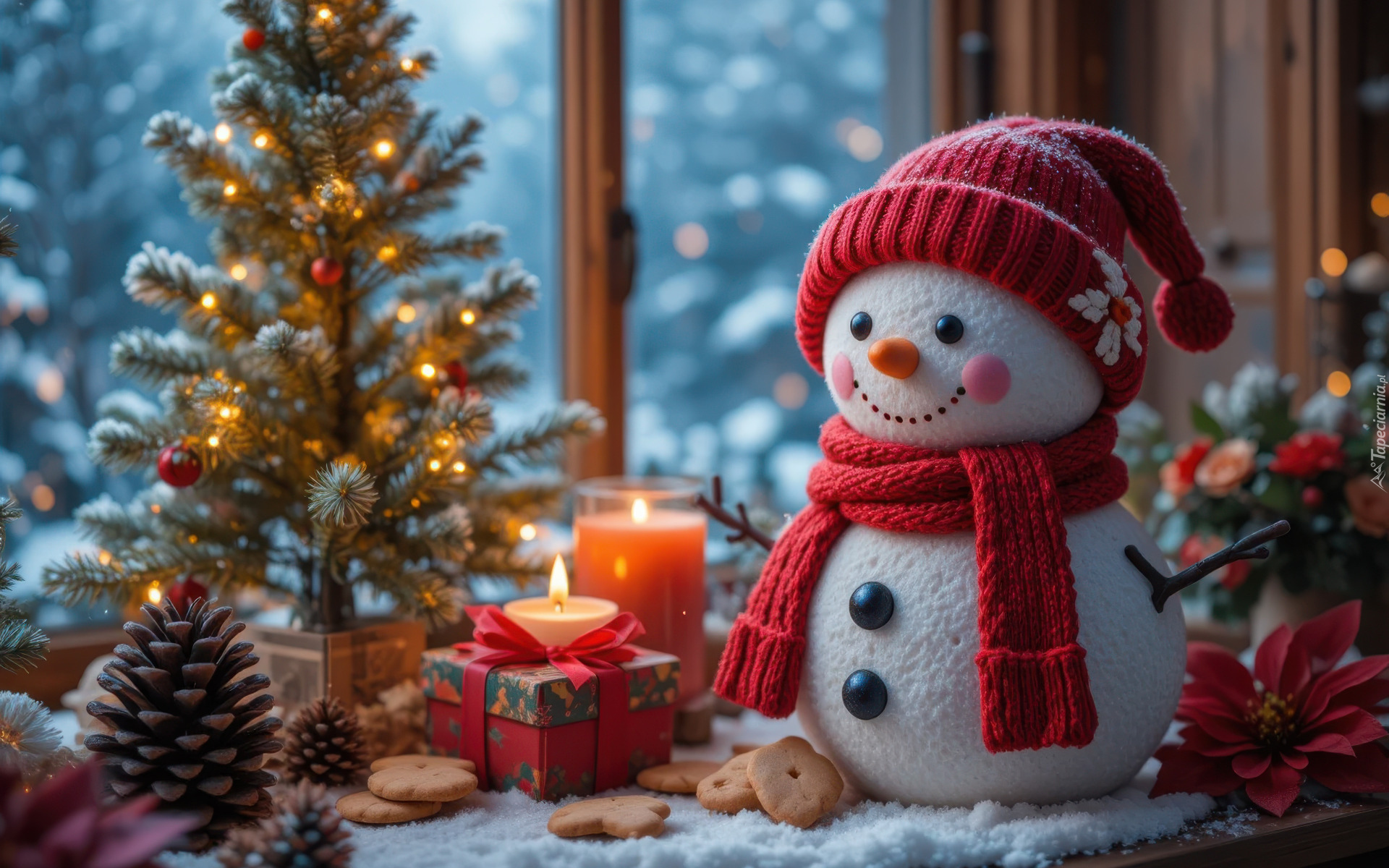 Boże Narodzenie, Bałwanek, Czapka, Szalik, Udekorowana, Choinka, Ciasteczka, Prezent, Świece, Szyszki, Śnieg