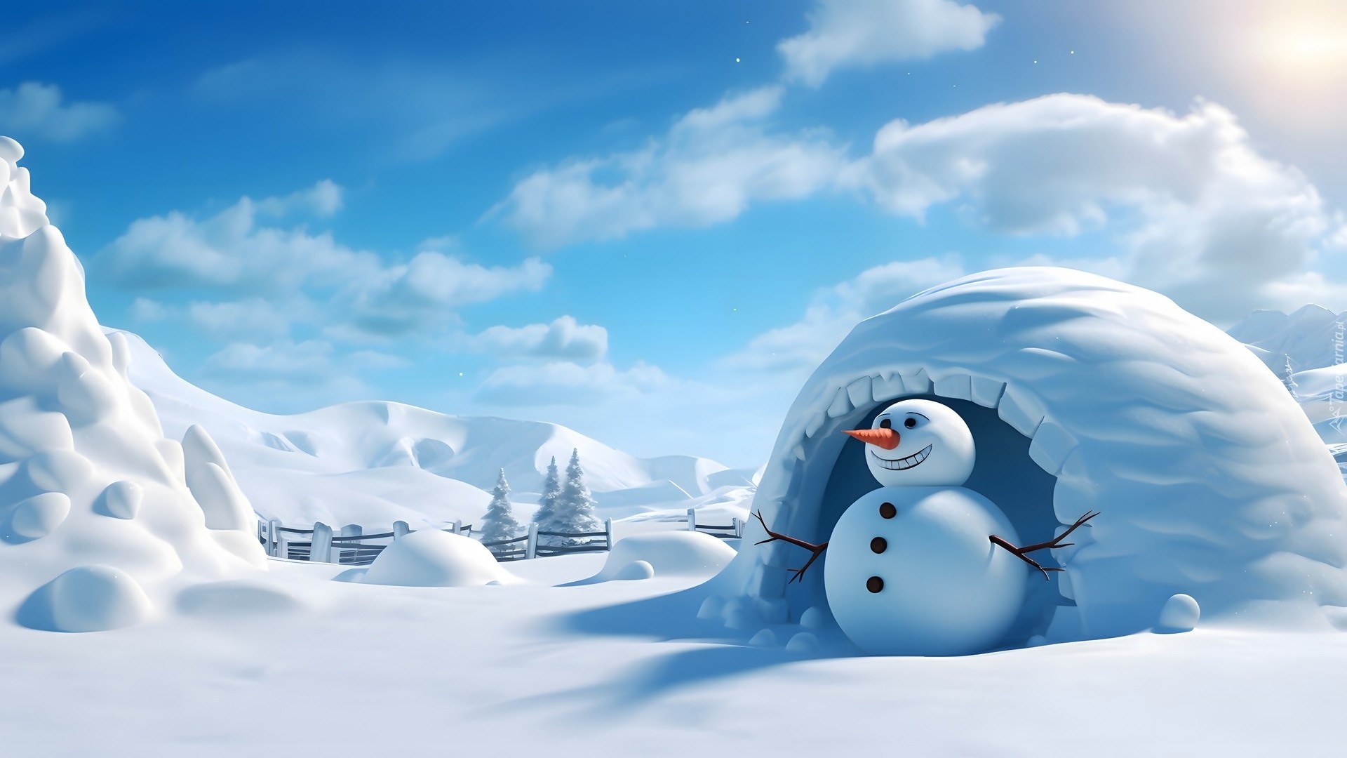 Zima, Igloo, Bałwan, Zaspy, Śnieżne, Drzewa, AI