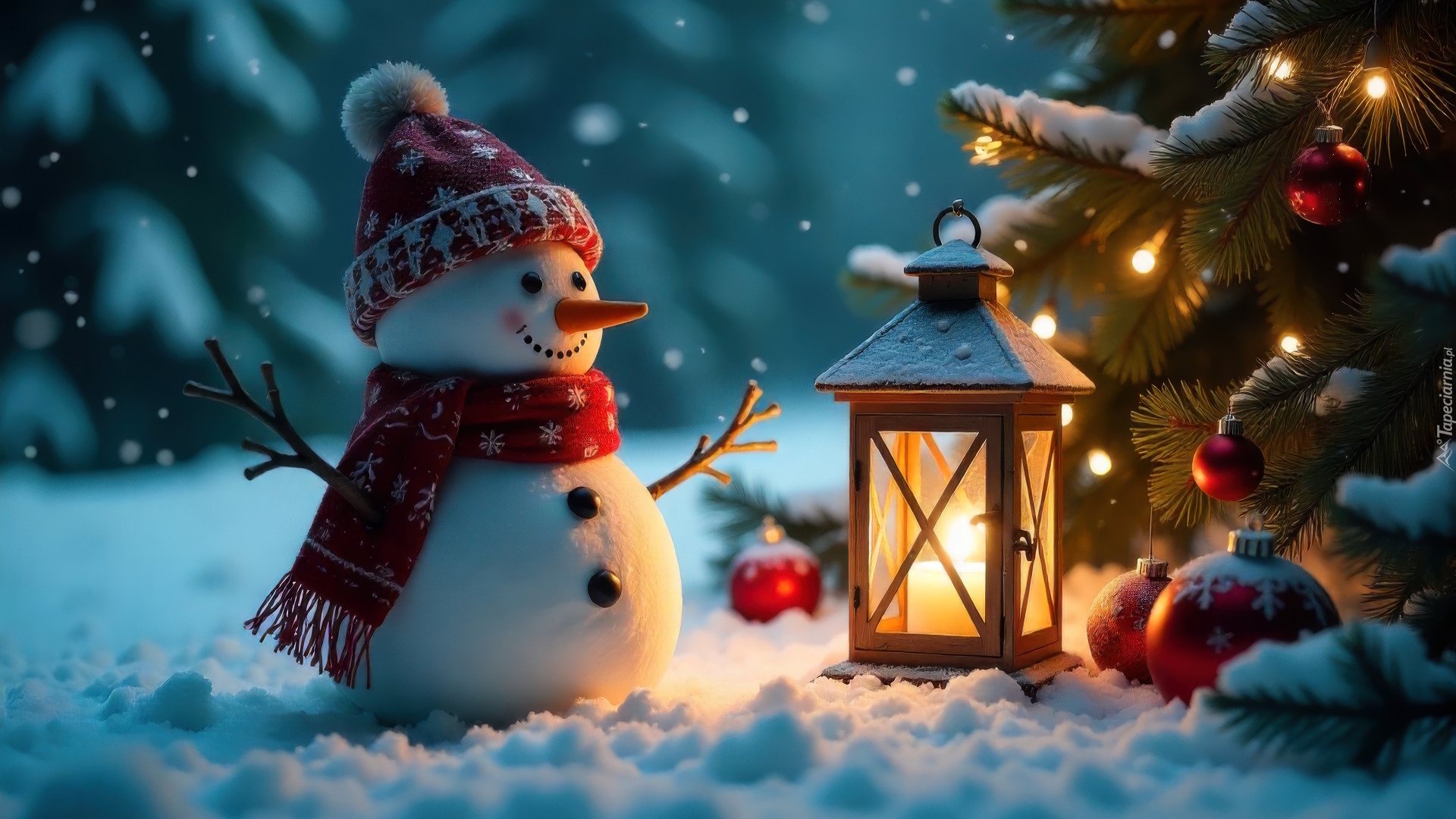 Zima, Bałwan, Czapka, Szalik, Lampion, Choinka, Śnieg, Boże Narodzenie, Grafika AI