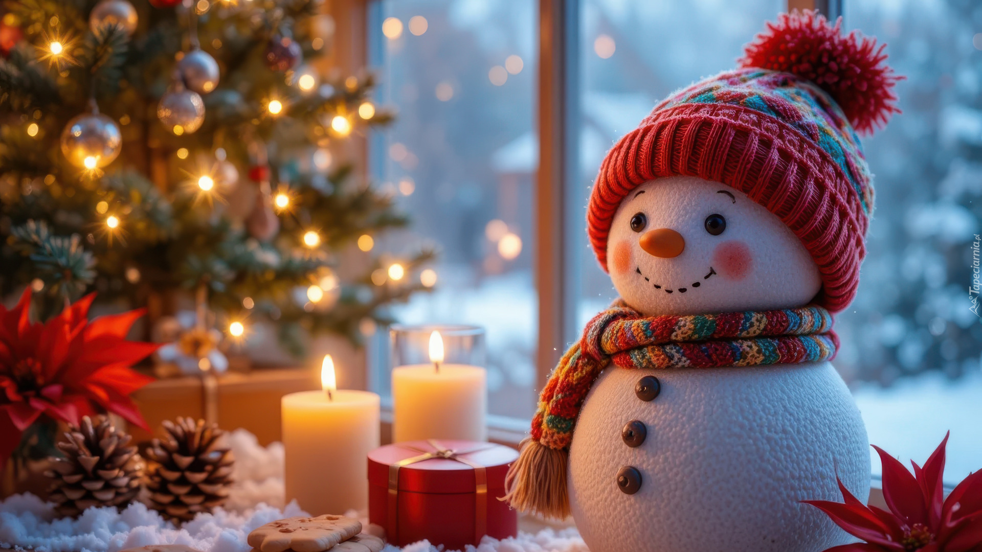 Świąteczne, Bałwanek, Okno, Choinka, Świece