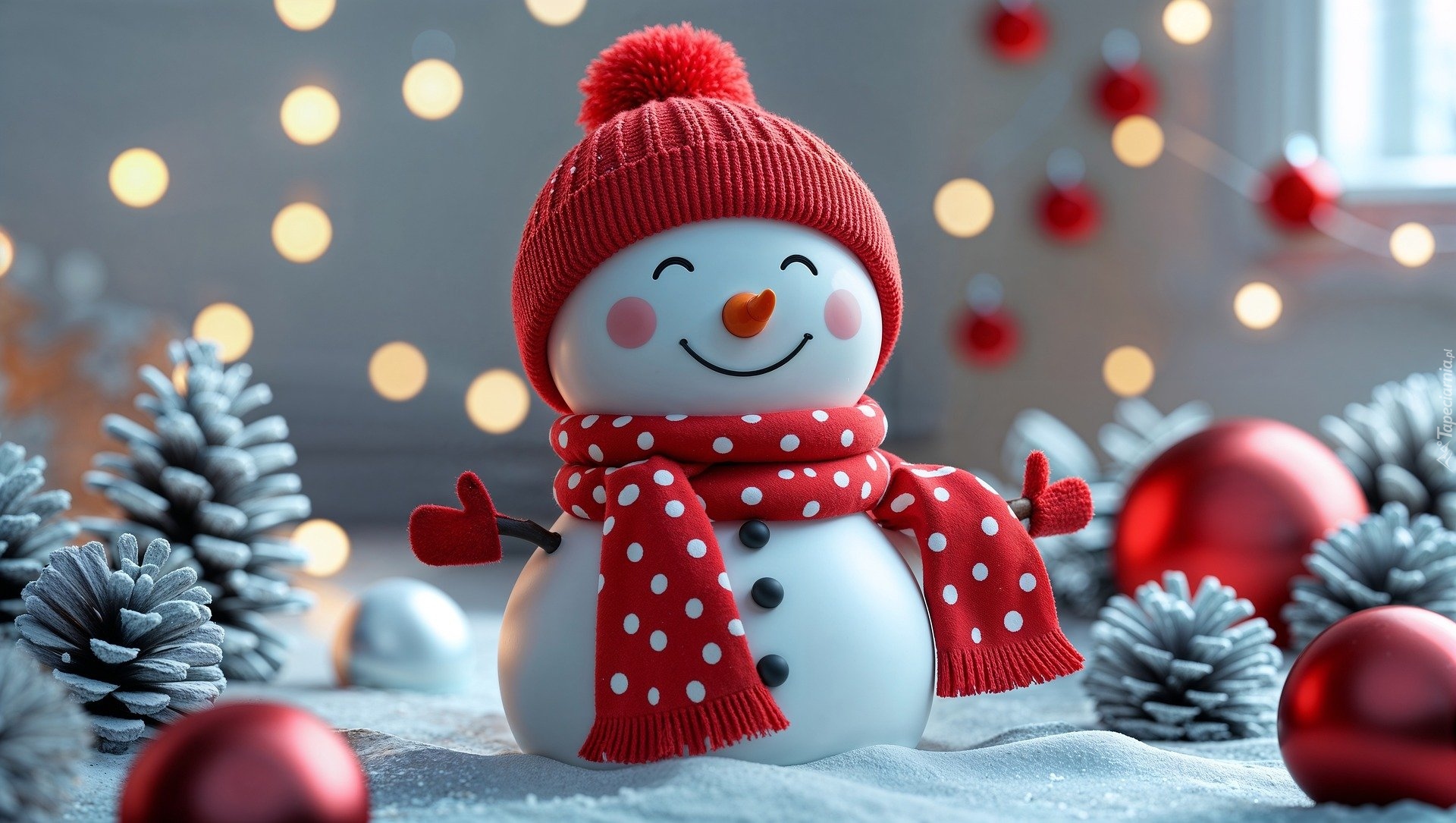 Bałwanek, Czapka, Szalik, Śnieg, Bombki, Szyszki