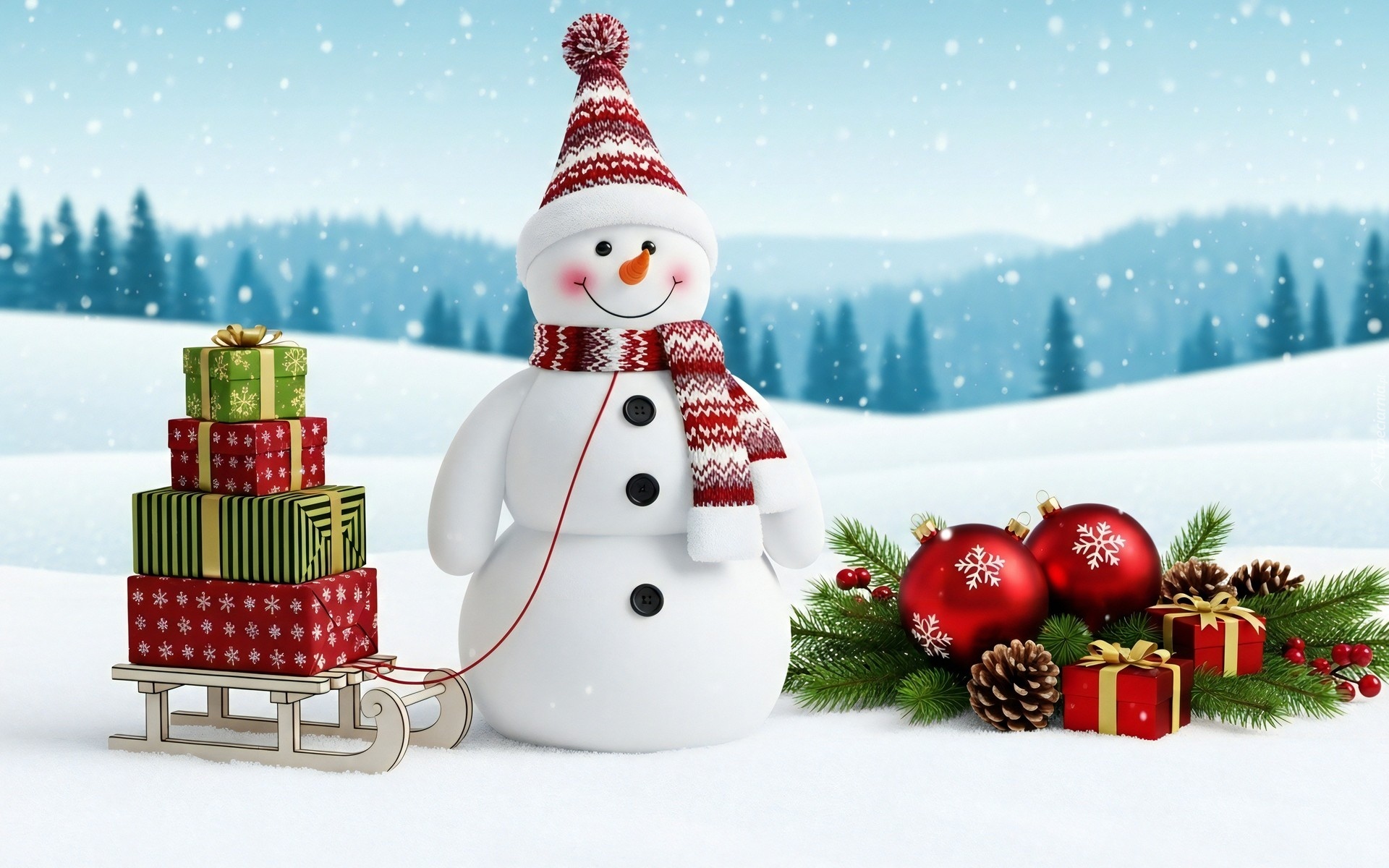 Boże Narodzenie, Zima, Śnieg, Bałwan, Czapka, Szal, Sanki, Prezenty, Gałązki, Bombki, Szyszki