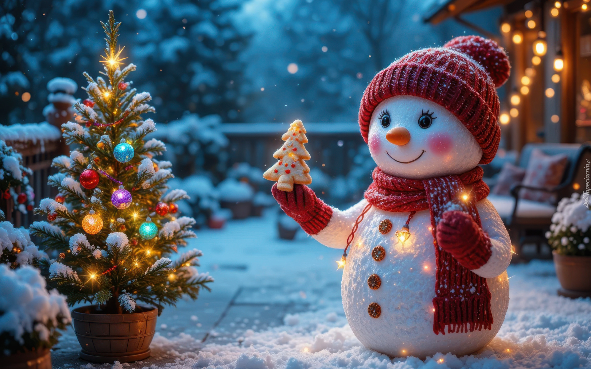 Zima, Śnieg, Bałwanek, Czapka, Szalik, Ciastko, Choinka, Doniczka, Girlandy, AI