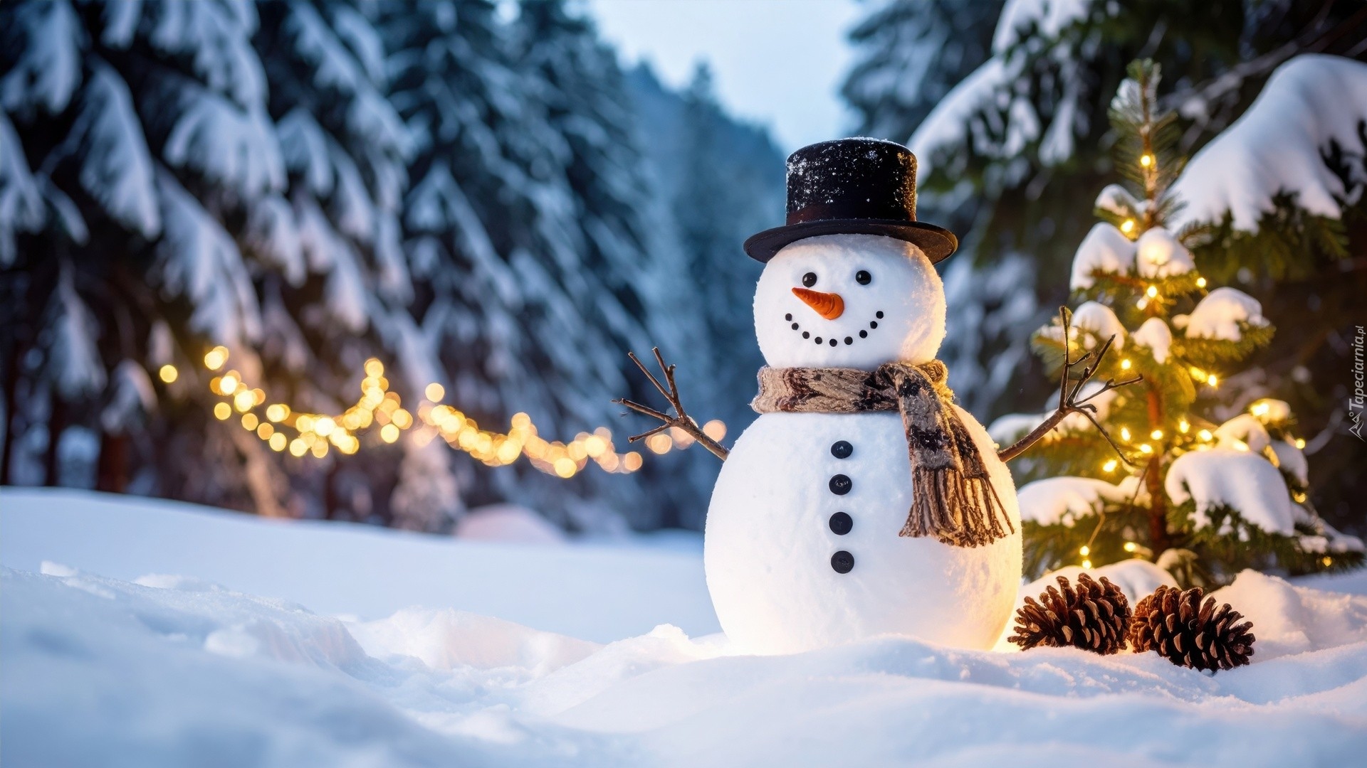 Zima, Bałwan, Kapelusz, Szal, Śnieg, Oświetlona, Choinka, Szyszki