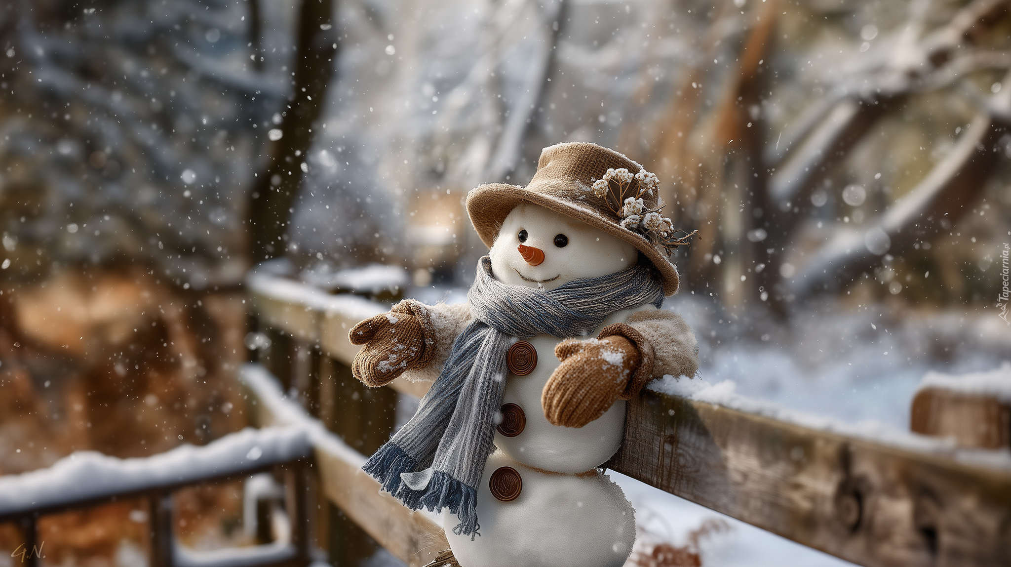 Bałwan, Płot, Kapelusz, Szal, Zima, Grafika AI