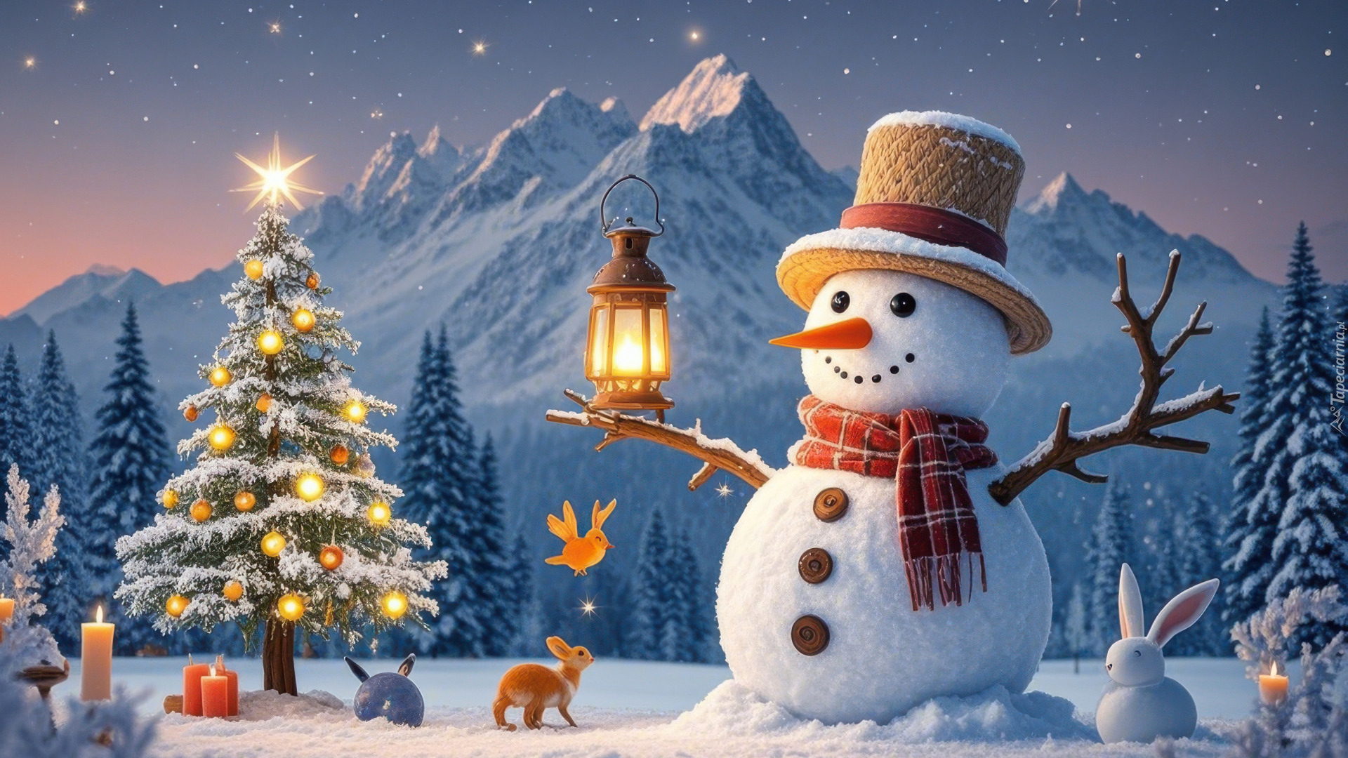 Boże Narodzenie, Bałwanek, Lampion, Choinka, Góry, Zima