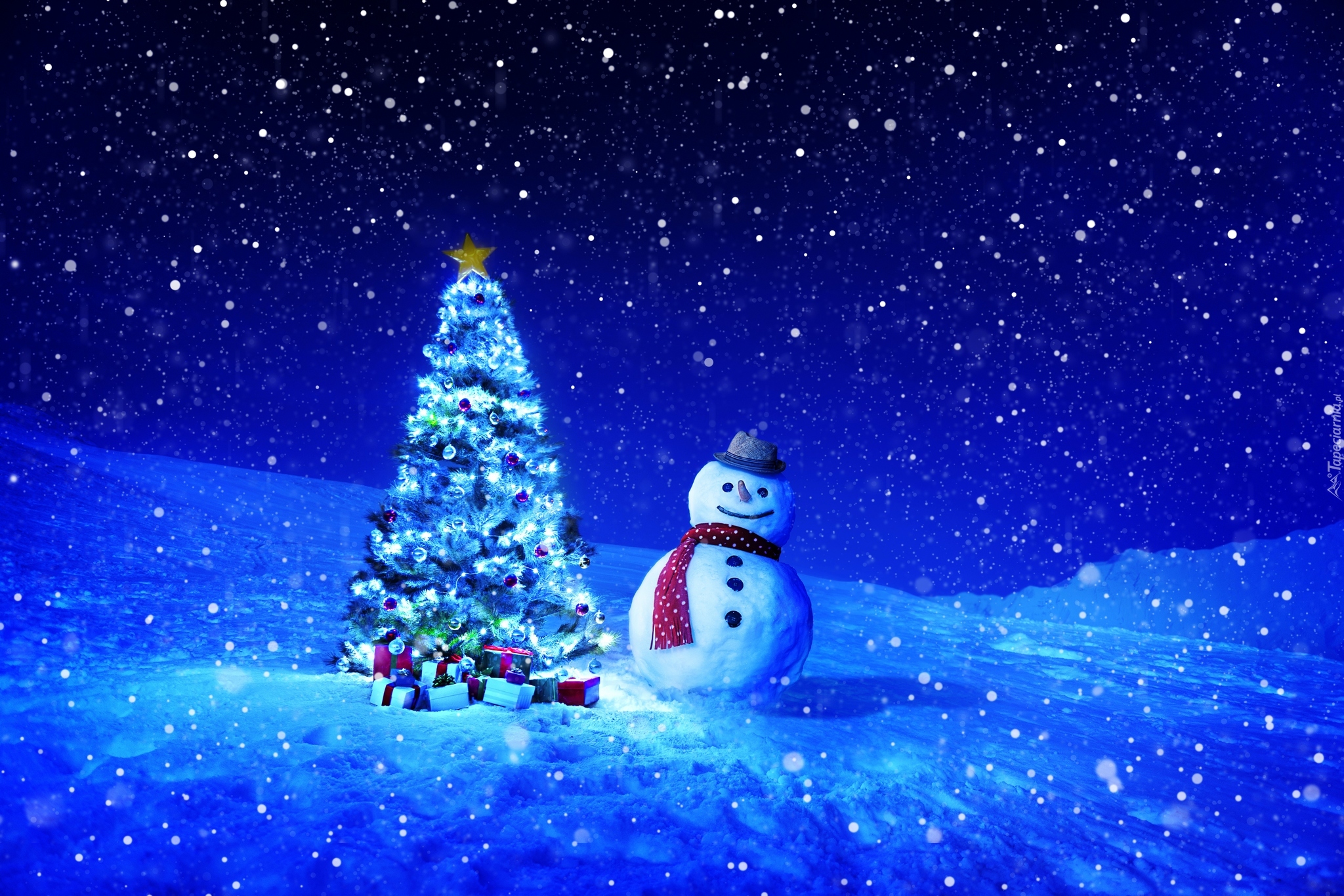 Boże Narodzenie, Bałwanek, Choinka, Śnieg