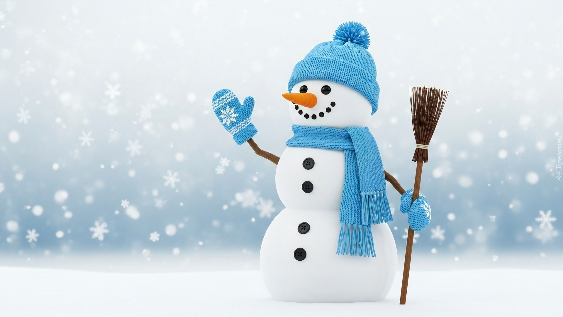 Zima, Bałwan, Niebieska, Czapka, Szal, Miotła