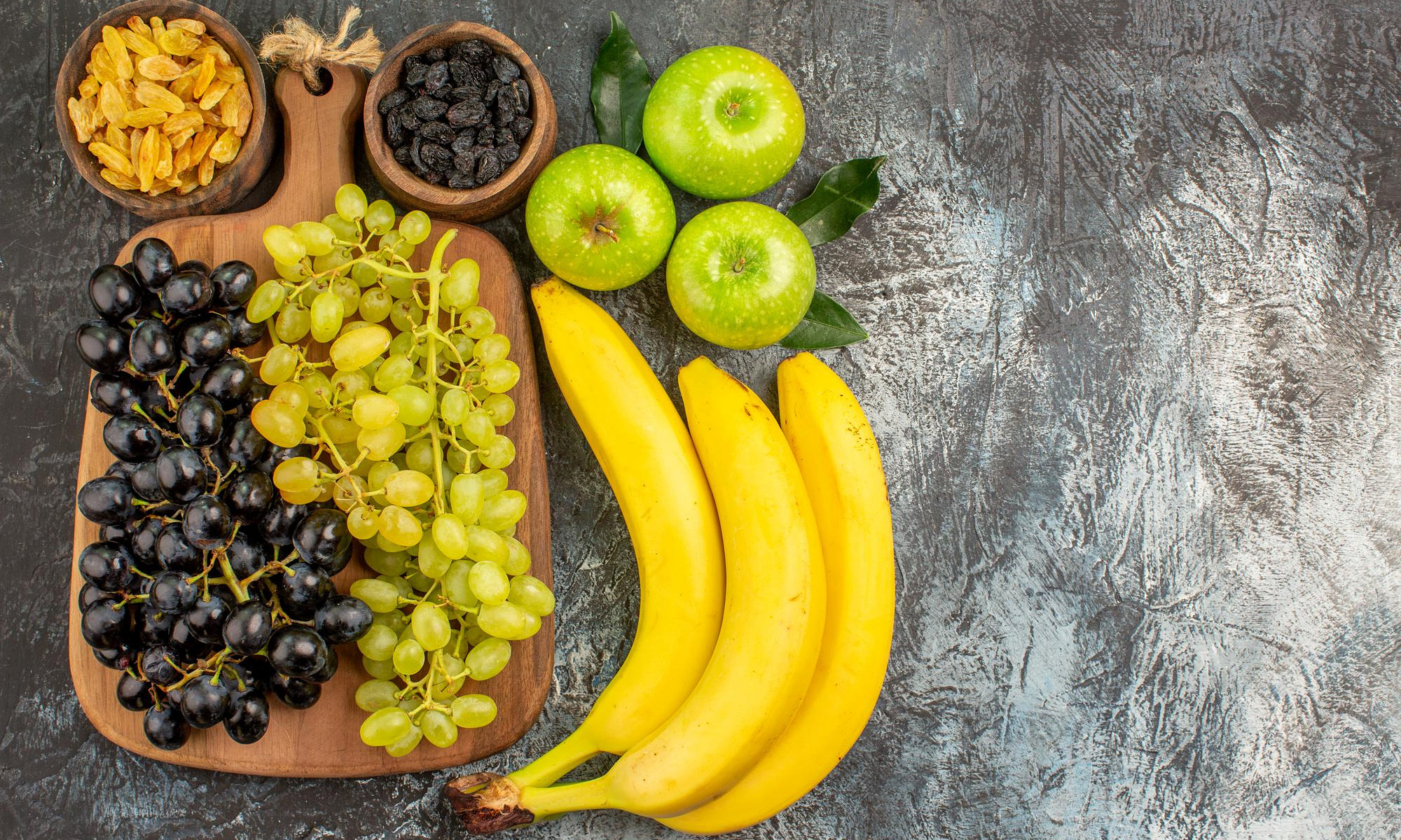 Owoce, Winogrona, Banany, Deska, Jabłka