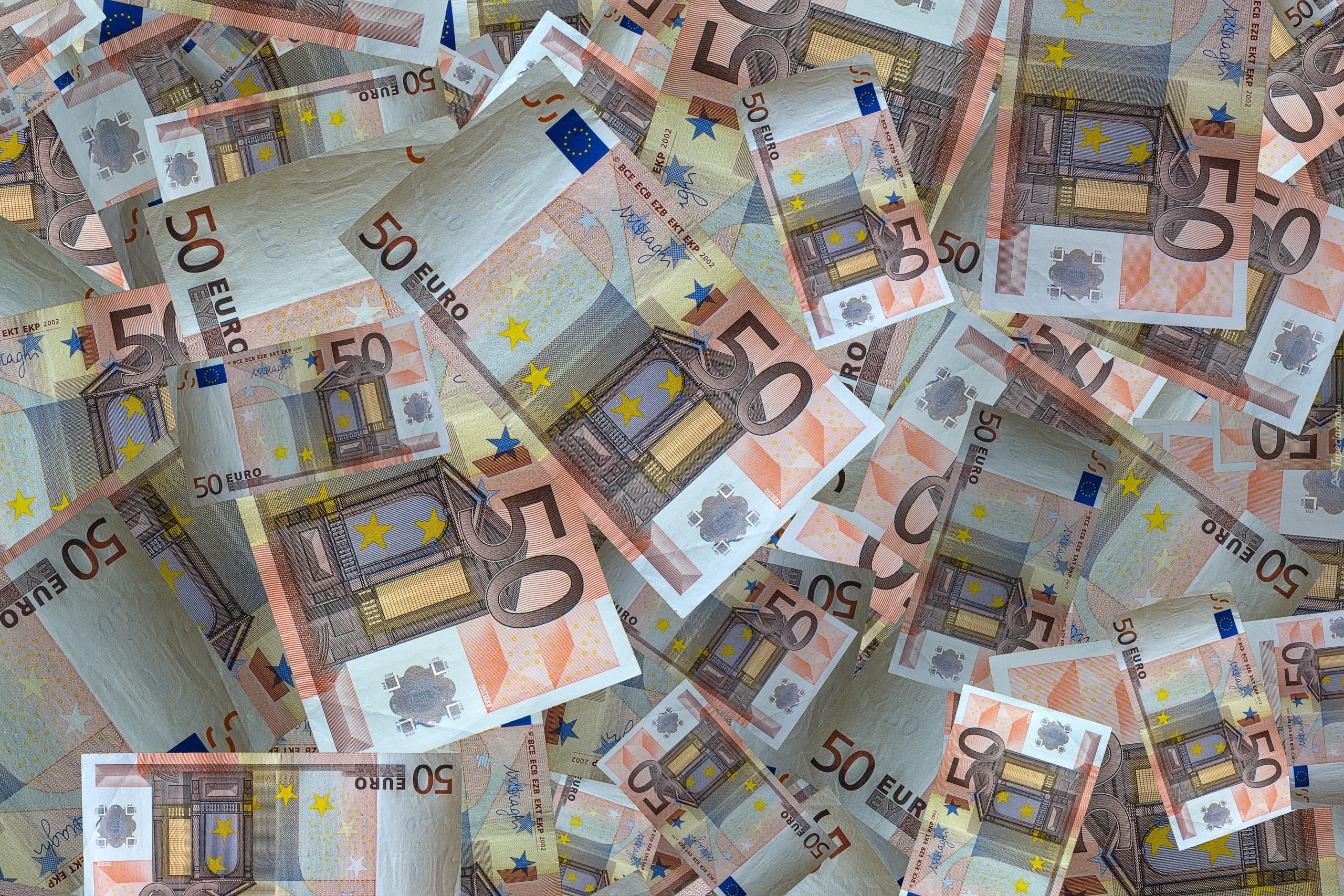 Pieniądze, Banknoty, Nominały, Euro, Rozrzucone