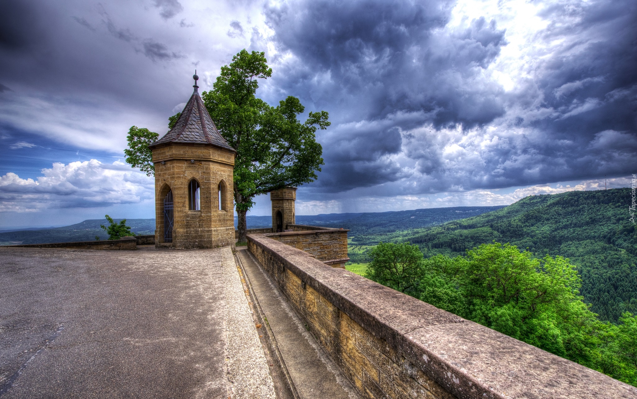 Niemcy, Badenia-Wirtembergia, Zamek Hohenzollern, Taras, Widok, Baszta, Drzewo