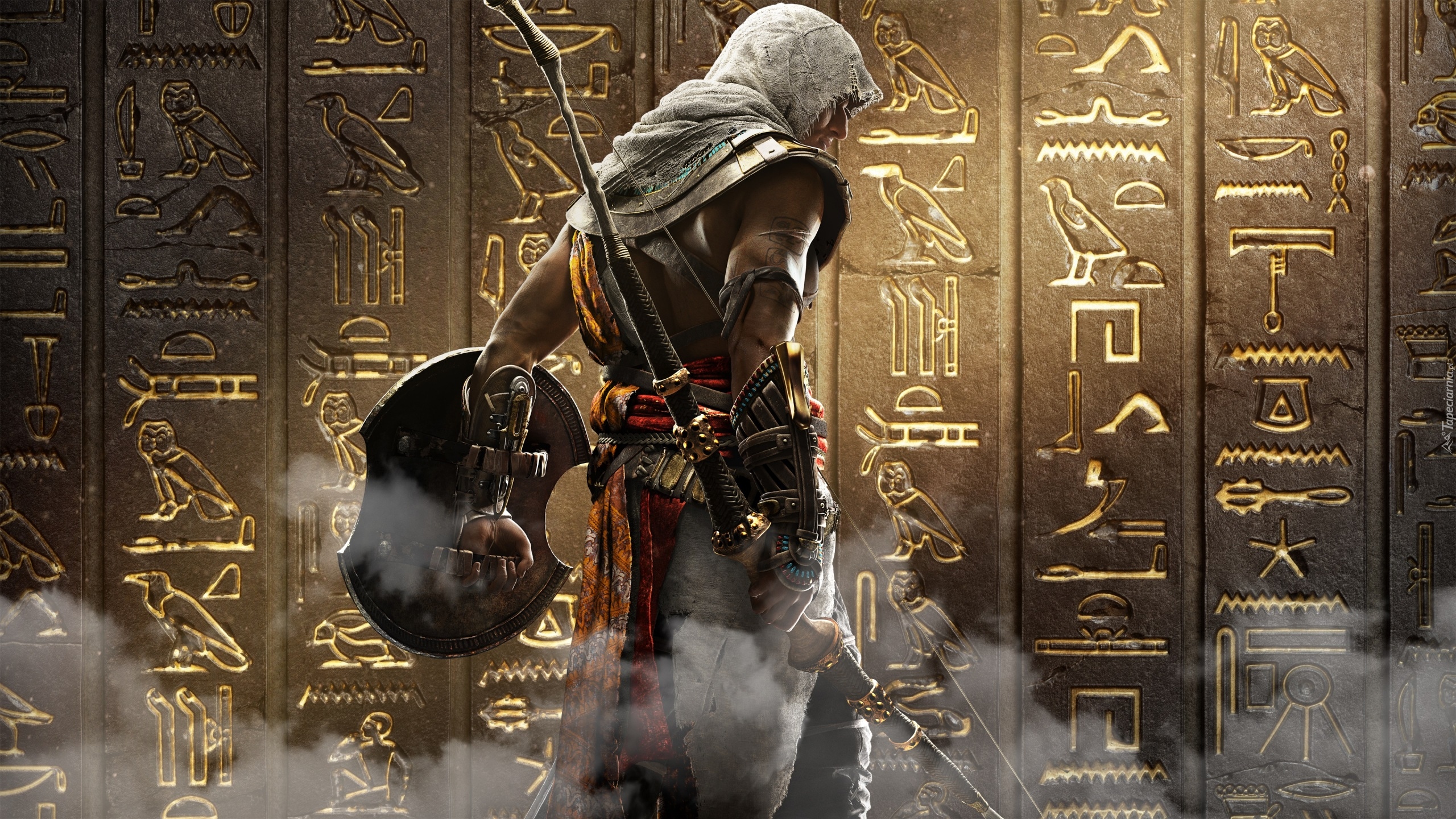 Gra, Assassins Creed Origins, Bayek, Tarcza, Łuk, Ściana, Hieroglify