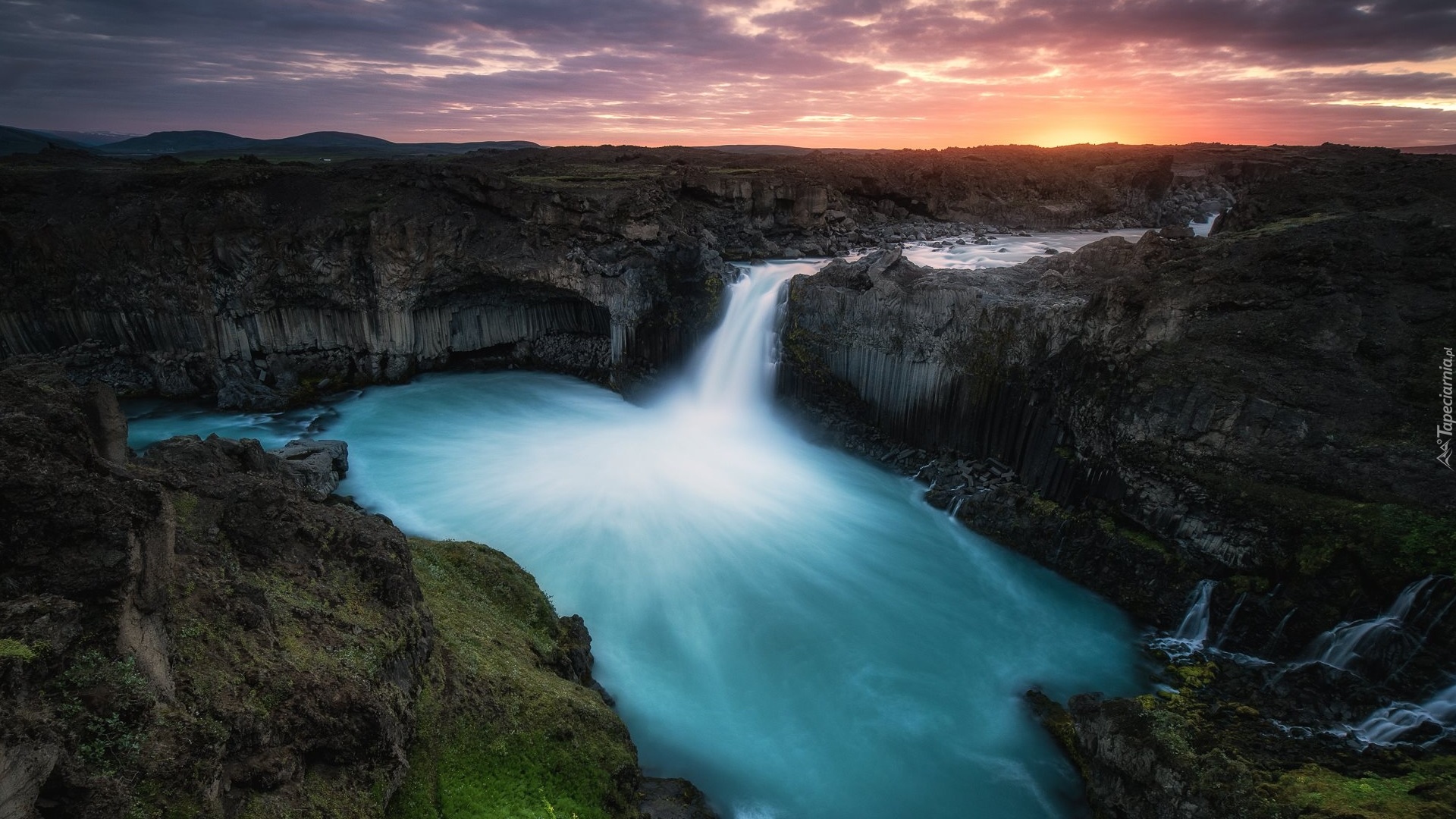Islandia, Wodospad Aldeyjarfoss, Bazaltowe, Skały, Rzeka Skjalfandafljot, Zachód słońca