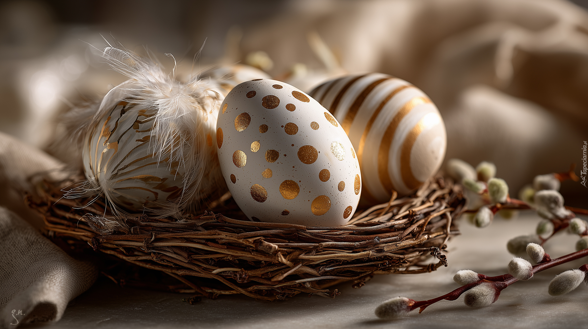 Wielkanoc, Pisanki, Złote, Wzory, Gniazdko, Bazie, Grafika AI
