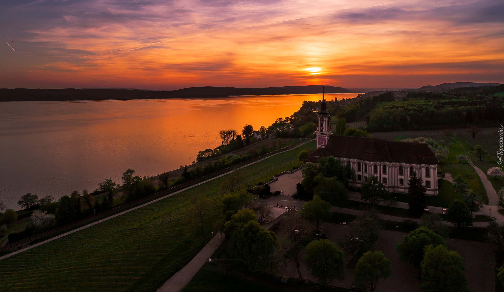 Kościół, Bazylika Birnau, Jezioro Bodeńskie, Zachód słońca, Uhldingen-Muhlhofen, Niemcy