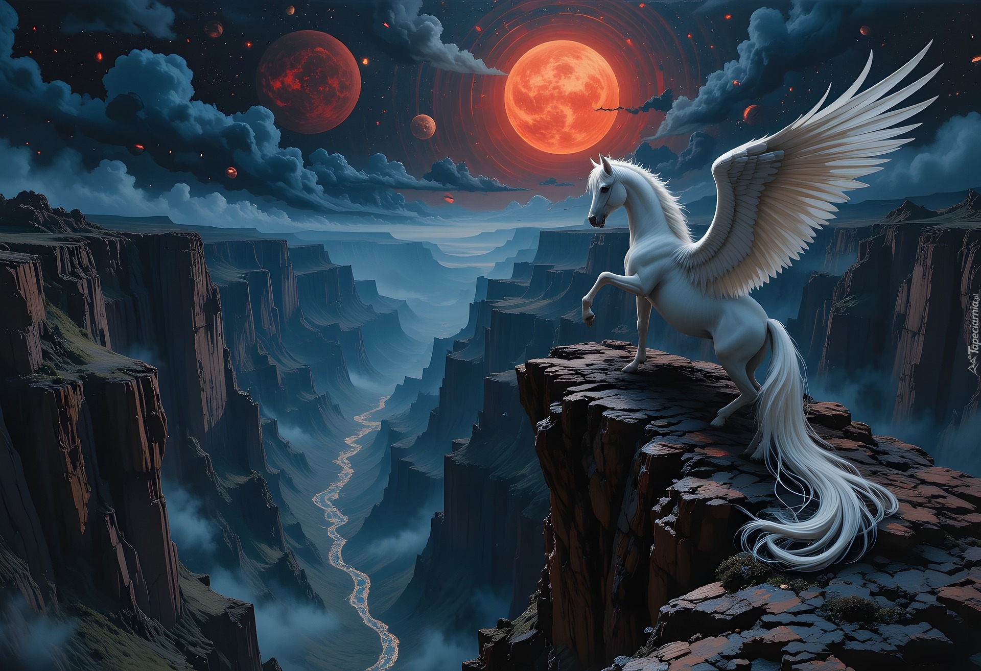 Koń, Biały, Pegaz, Skrzydła, Księżyc, Kanion, Fantasy