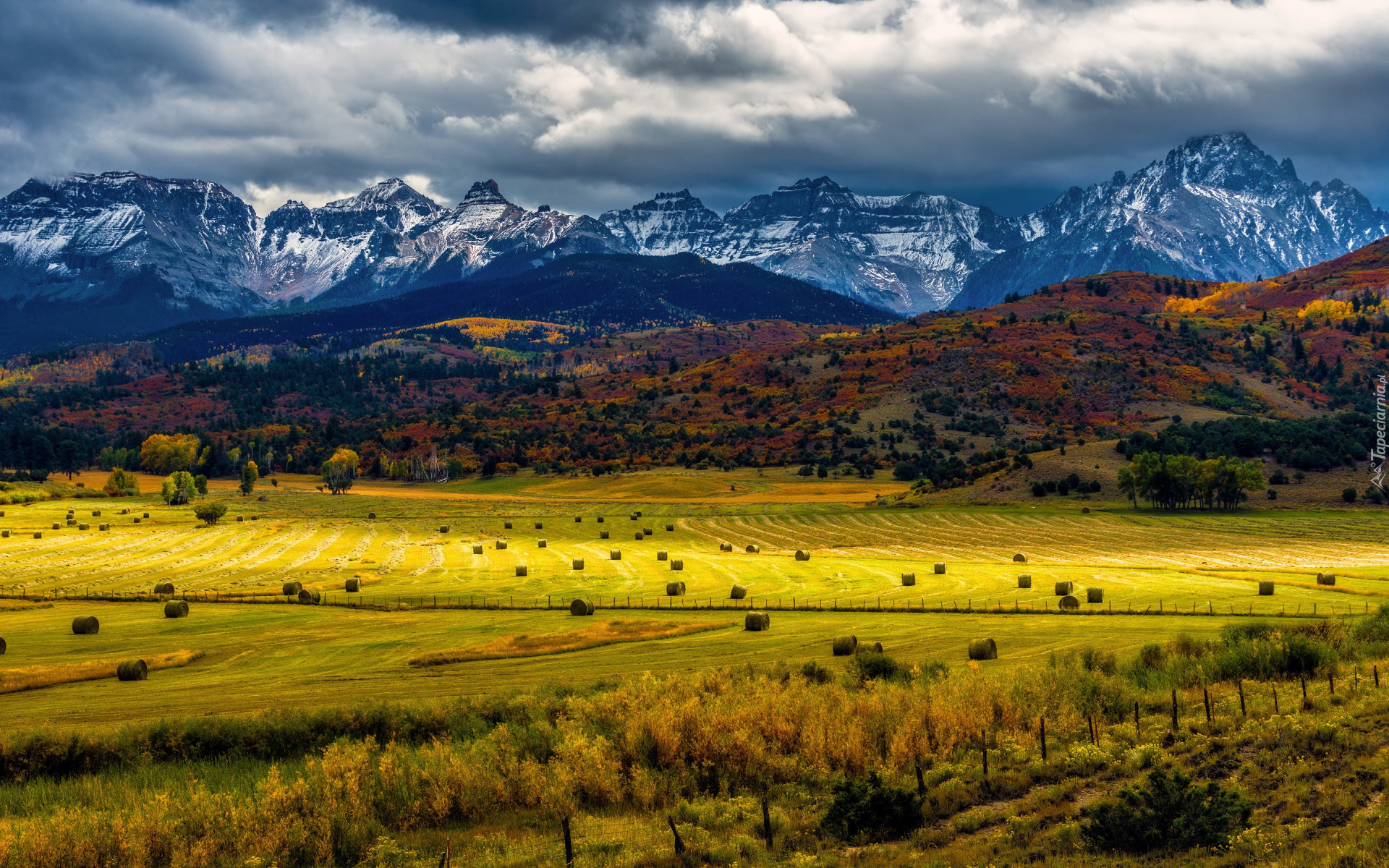 Stany Zjednoczone, Kolorado, Mount Sneffels, San Juan Mountains, Jesień, Góry, Drzewa, Pola, Chmury