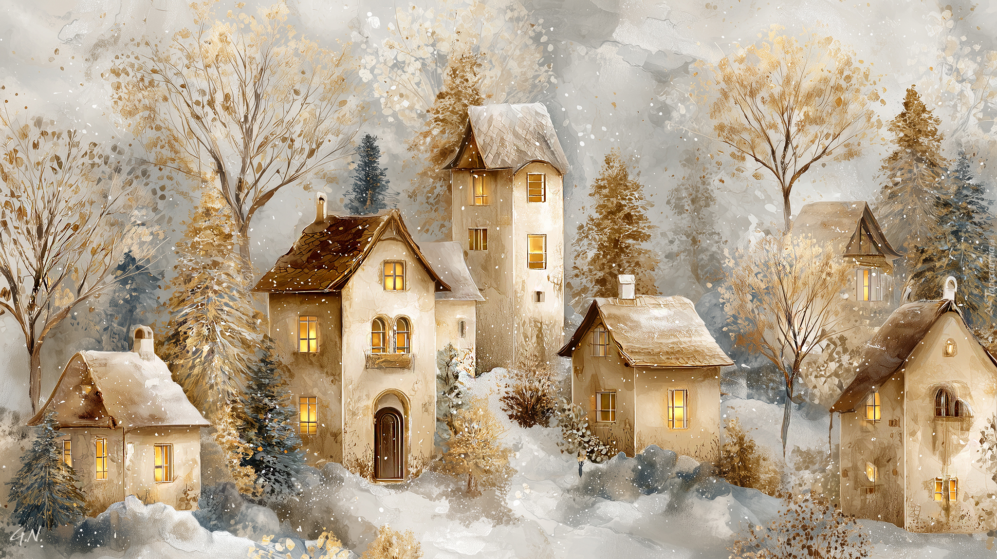 Drzewa, Zima, Domy, Grafika AI