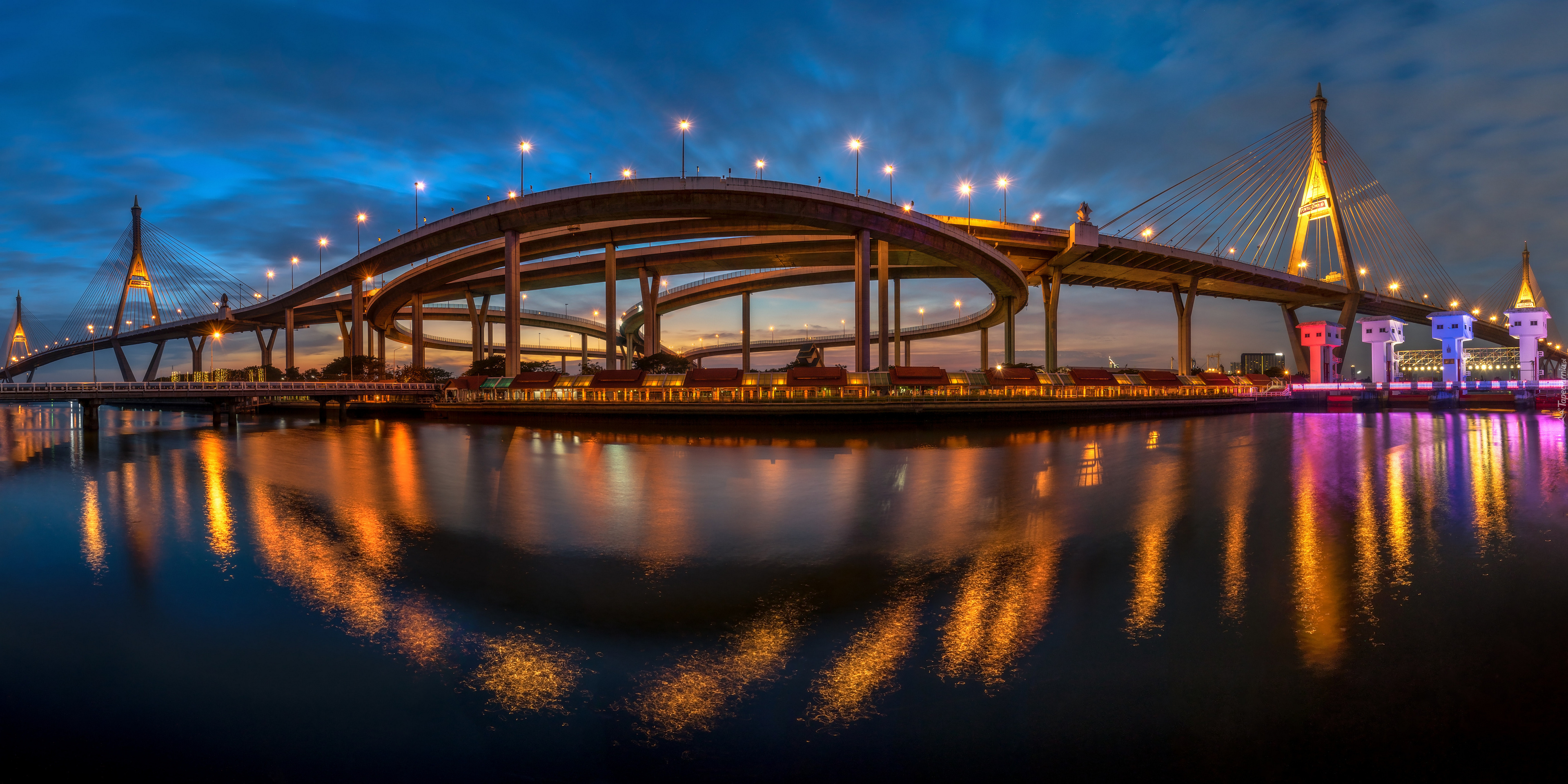 Tajlandia, Bangkok, Most, Bhumibol Bridge 2, Rzeka Menam, Noc