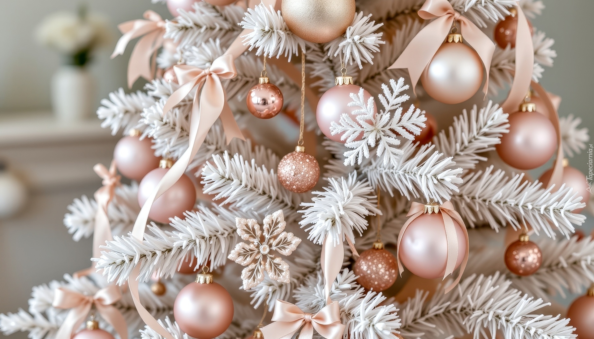 Biała, Choinka, Bombki, Różowe, Boże Narodzenie, Grafika AI