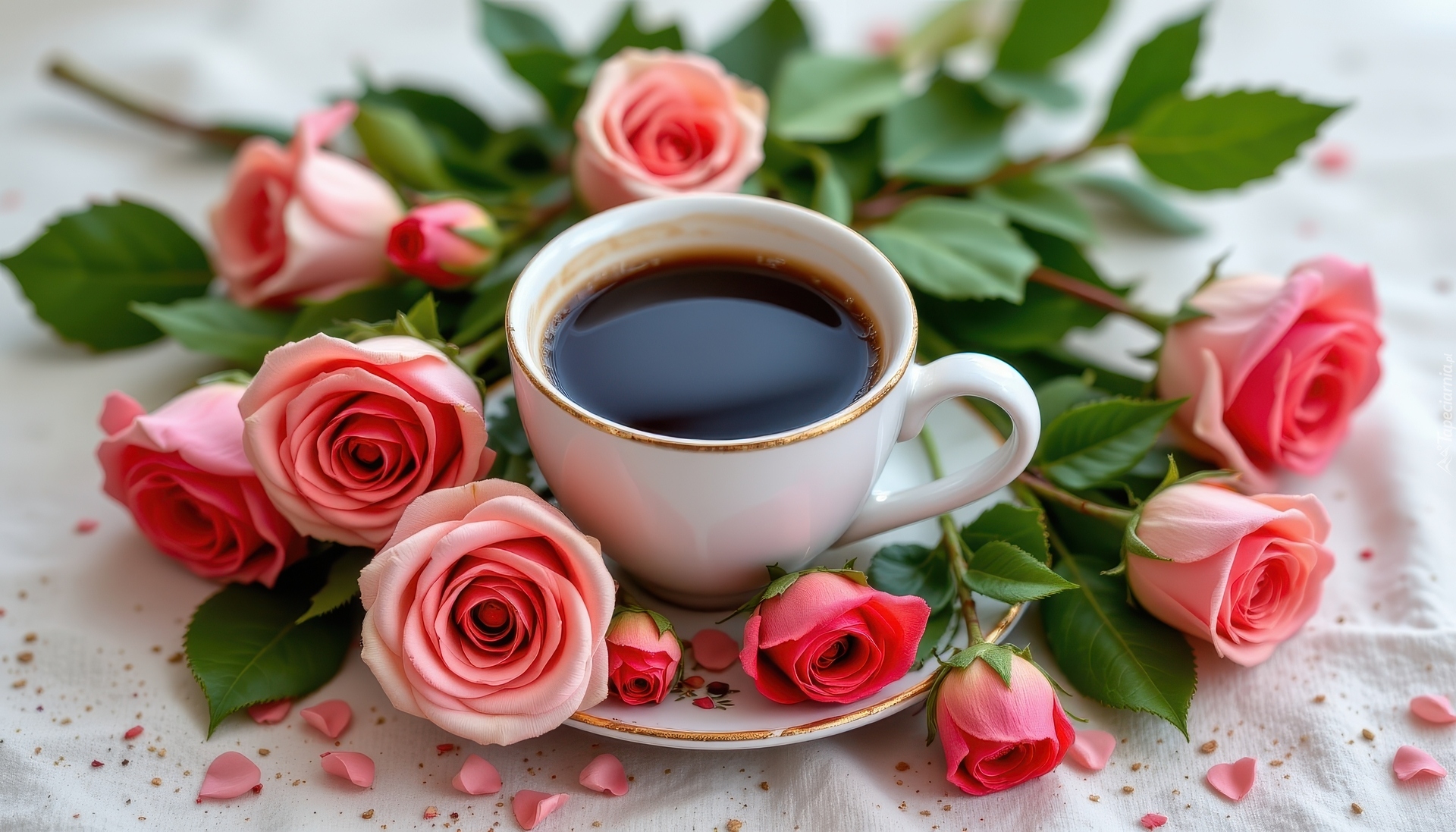 Biała, Filiżanka, Talerzyk, Kawa, Różowe, Róże