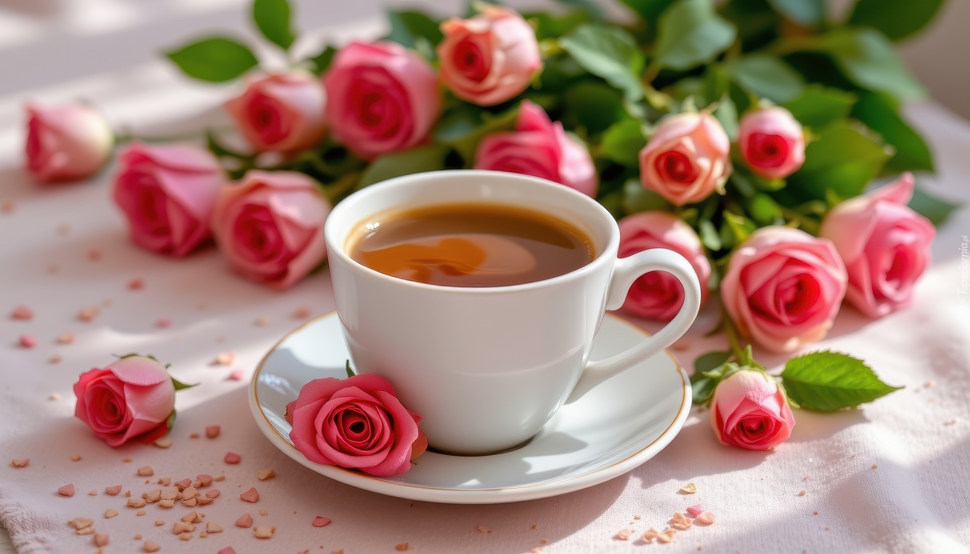 Kawa, Filiżanka, Biała, Kwiaty, Róże