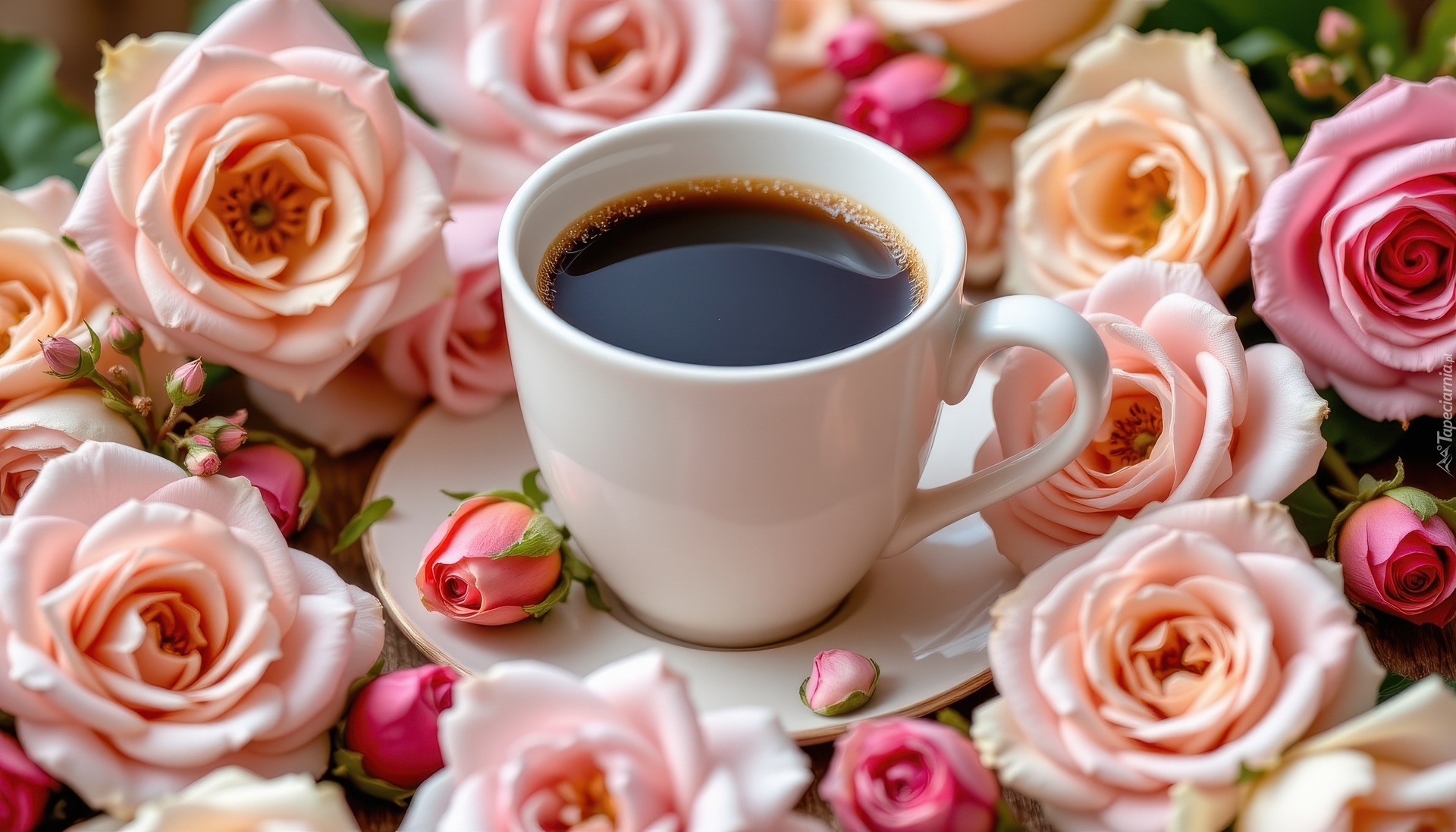 Kawa, Biała, Filiżanka, Talerzyk, Kwiaty, Róże