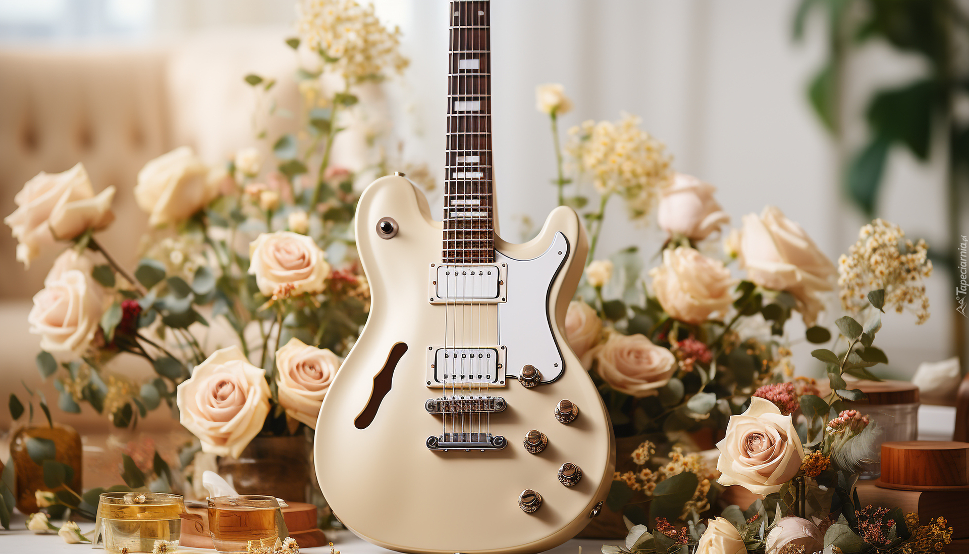 Gitara, Elektryczna, Biała, Róże, Białe, AI