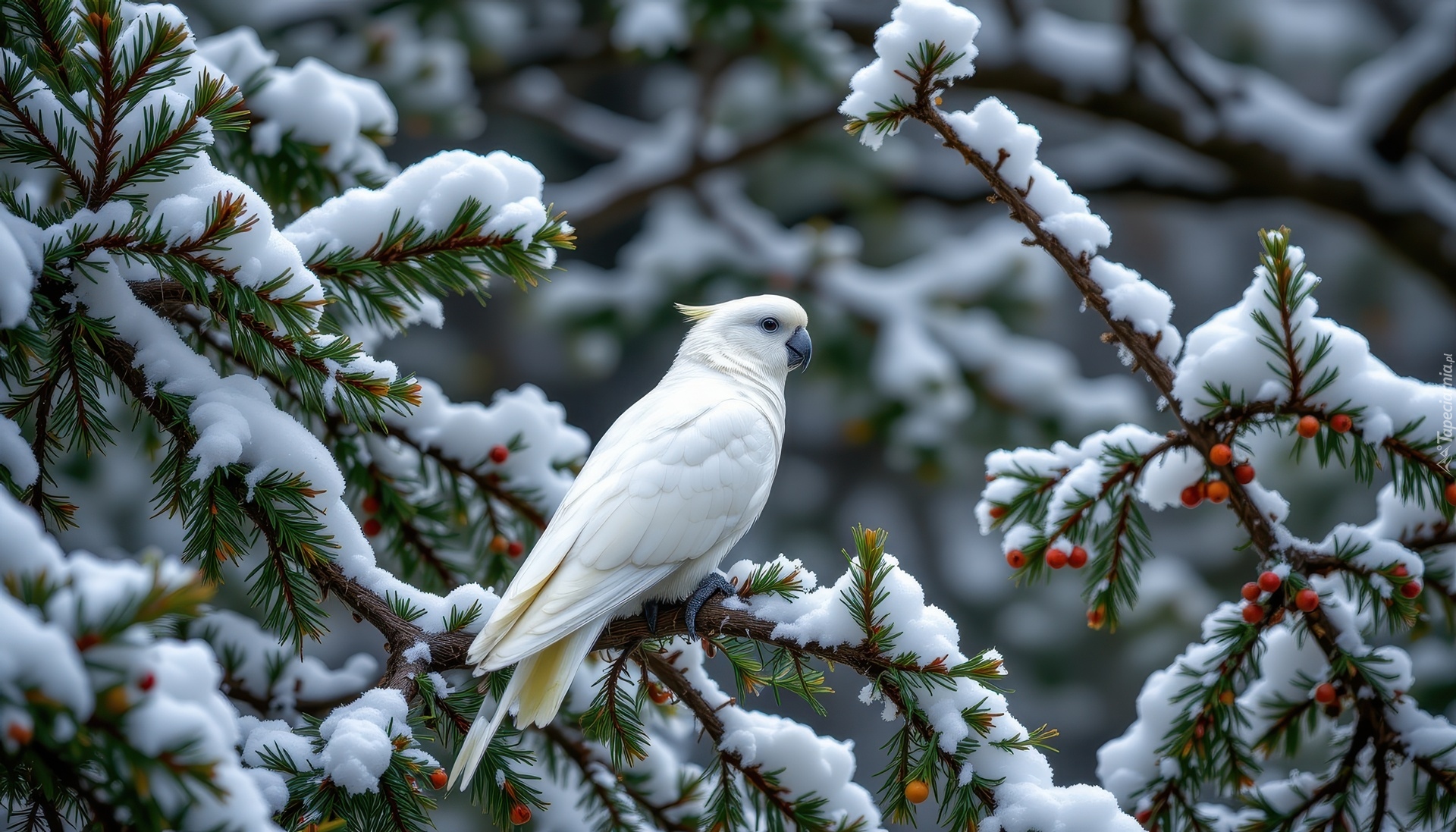 Biała, Papuga, Gałęzie, Śnieg, Zima, Grafika AI