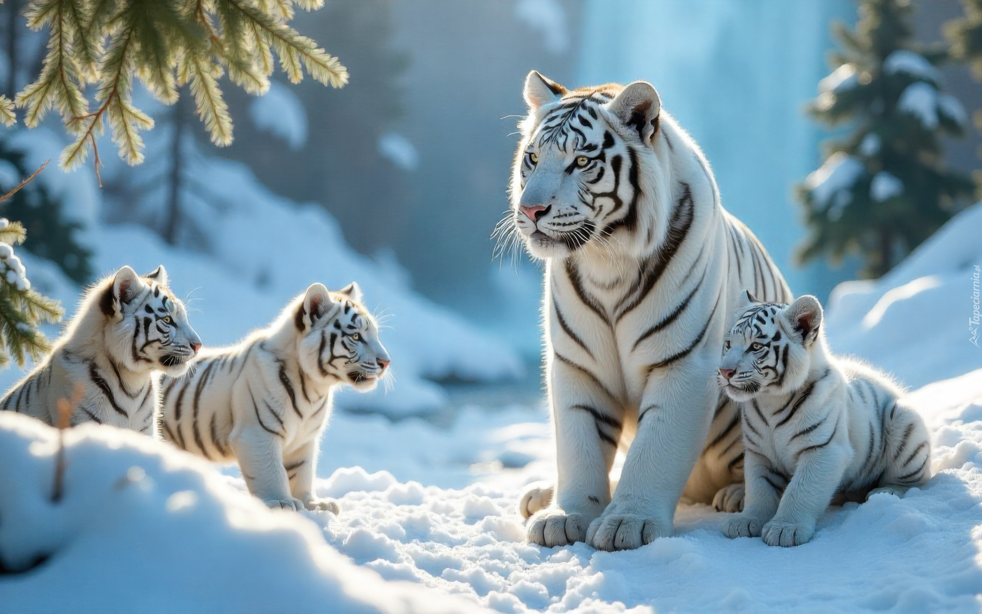 Białe, Tygrysy, Zima, Śnieg, Tygrysica, Trzy, Tygrysiątka, Gałązki, Iglaste, Grafika AI