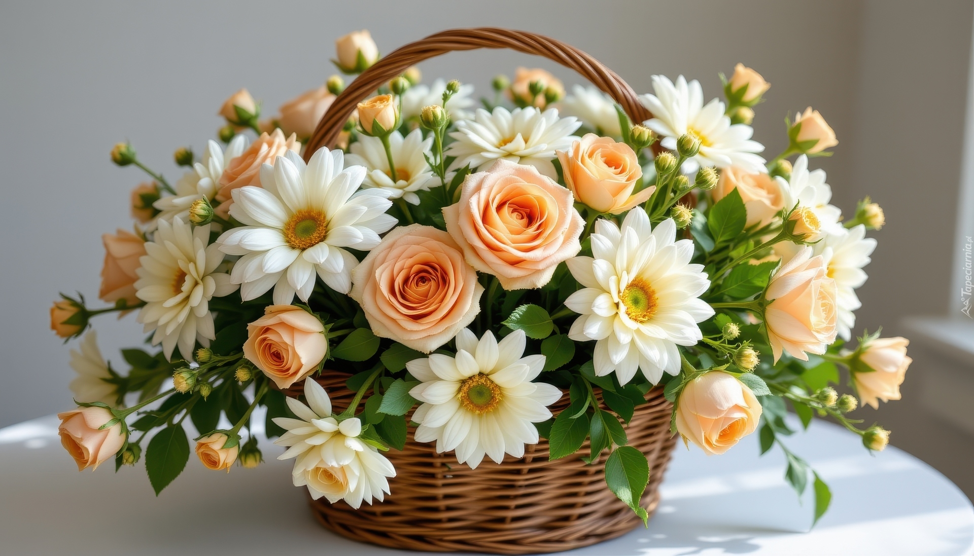Kwiaty, Białe, Chryzantemy, Brzoskwiniowe, Róże, Bukiet, Wiklinowy, Koszyk
