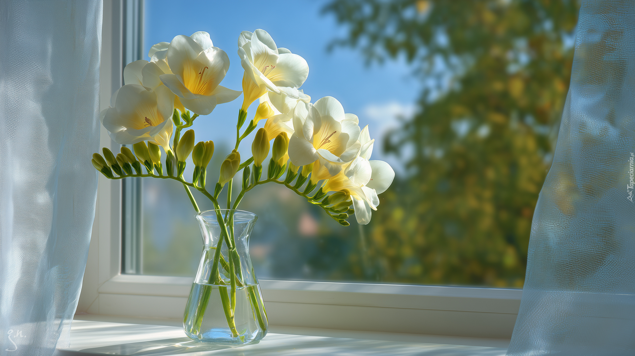 Białe, Frezje, Wazonik, Okno, Firanki, Grafika AI