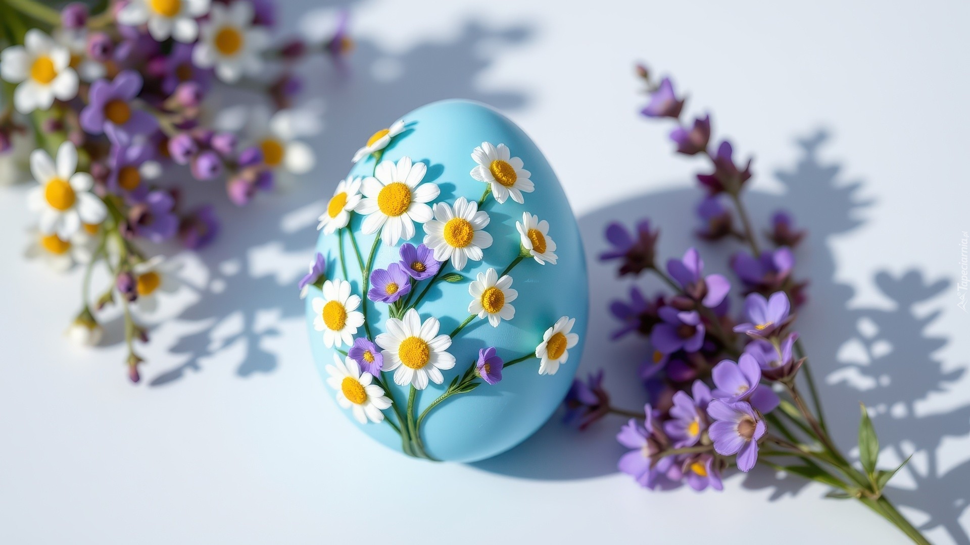 Wielkanoc, Niebieskie, Jajko, Białe, Fioletowe, Kwiaty