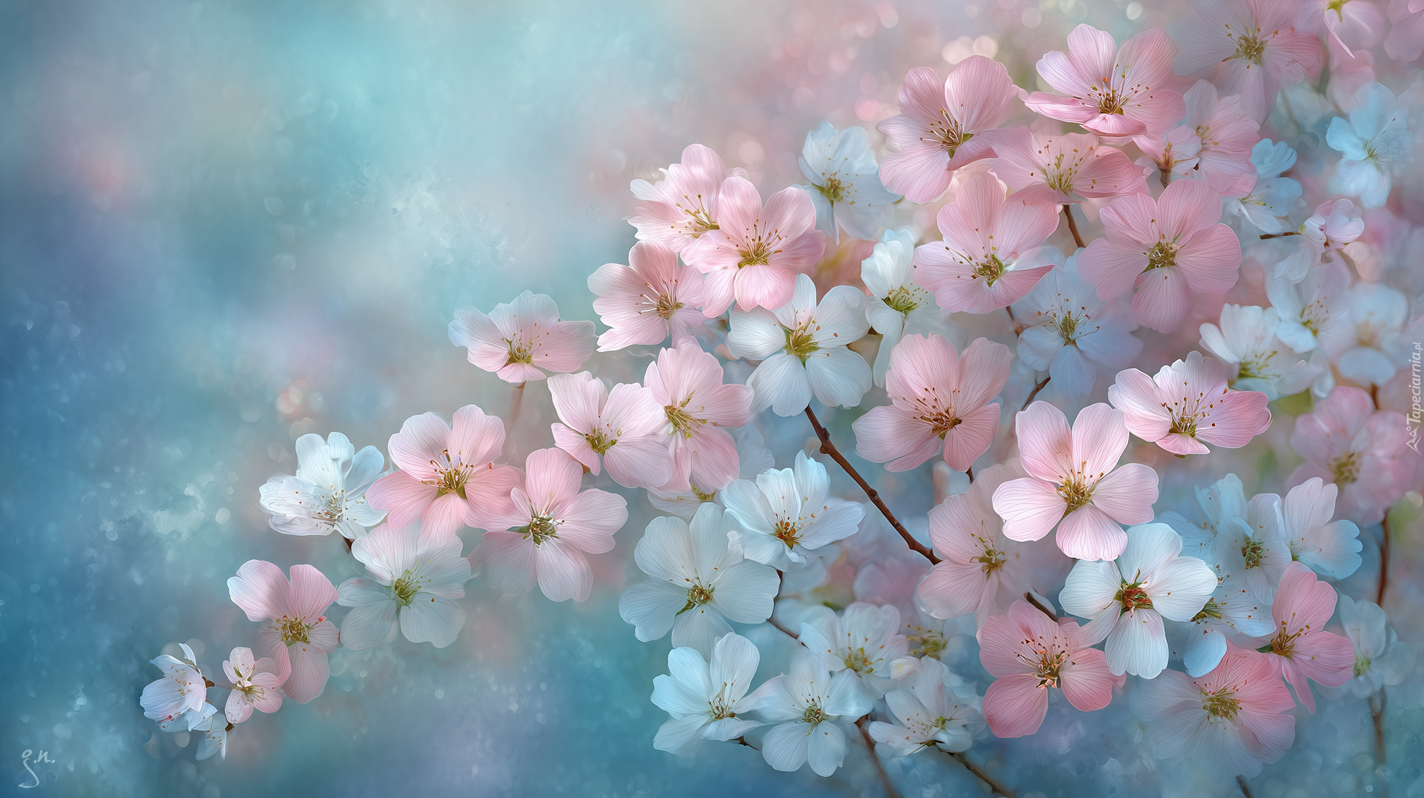 Różowe, Niebieskie, Białe, Kwiaty, Grafika AI